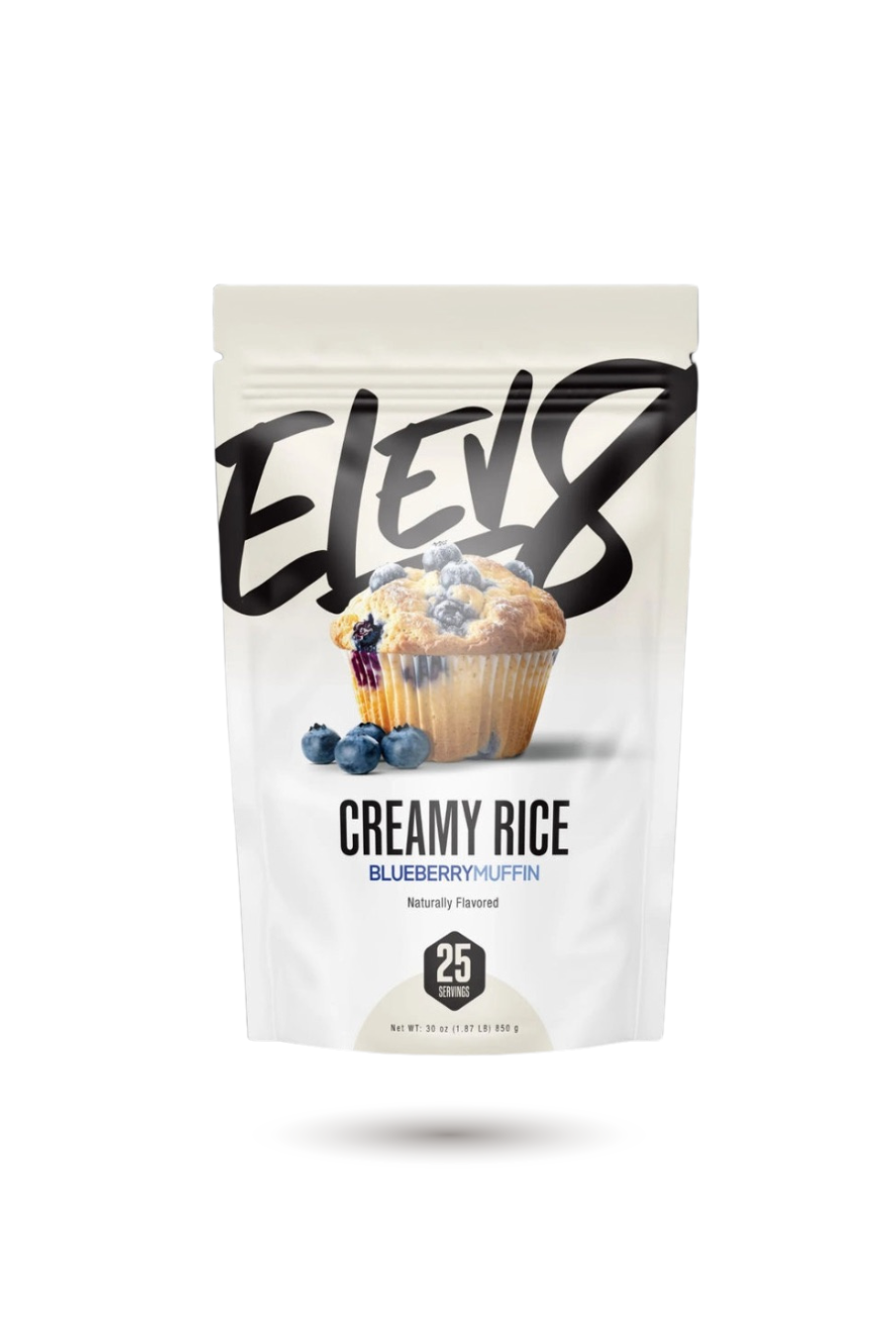 ELEV8 Creamy Rice Blueberry Muffin flavor with vibrant fruit imagery. Ideal pre-workout snack for clean eating and energy replenishment.