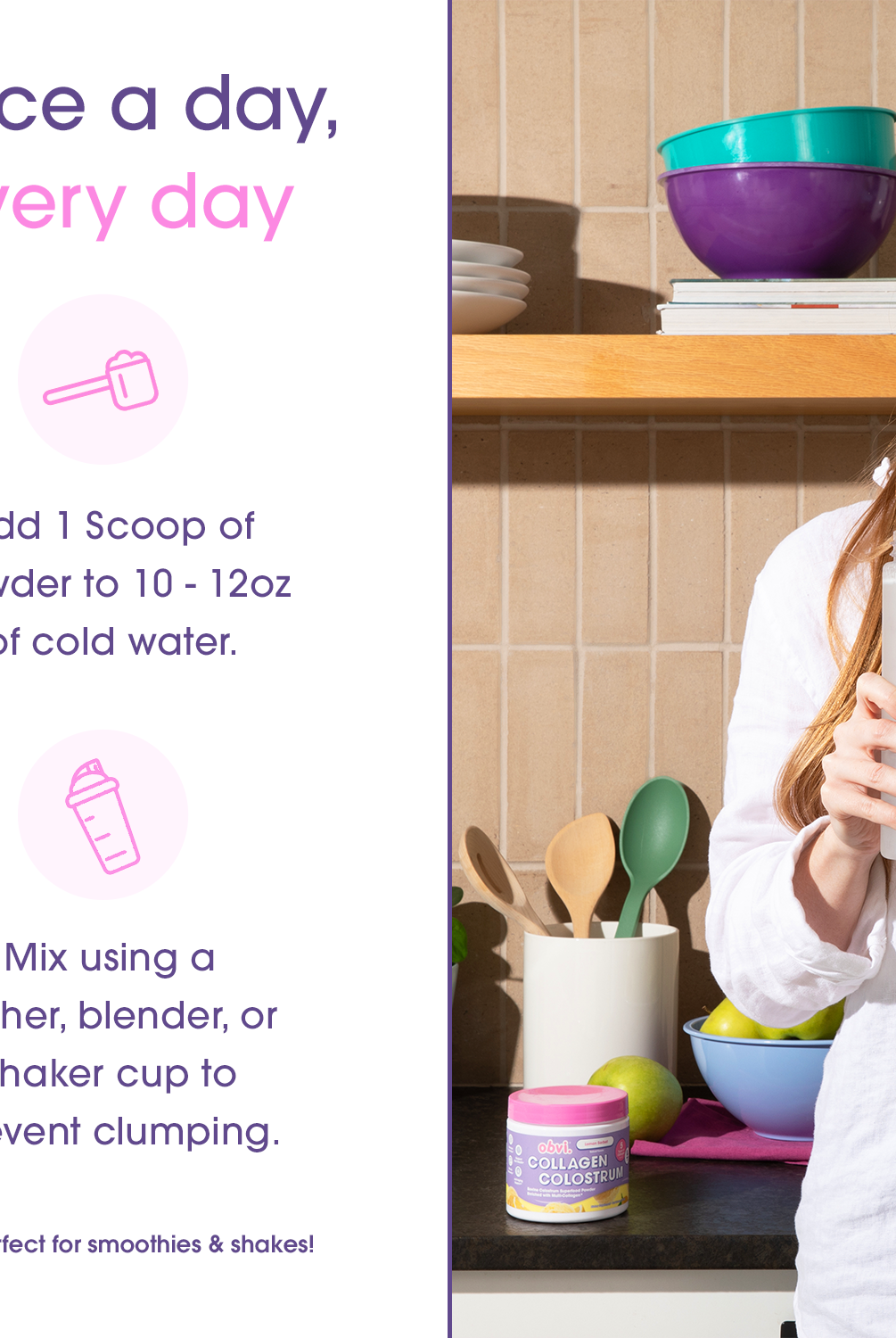 Daily usage instructions for Obvi Lemon Sorbet Colostrum powder, showing woman mixing one scoop in water for collagen and health benefits.