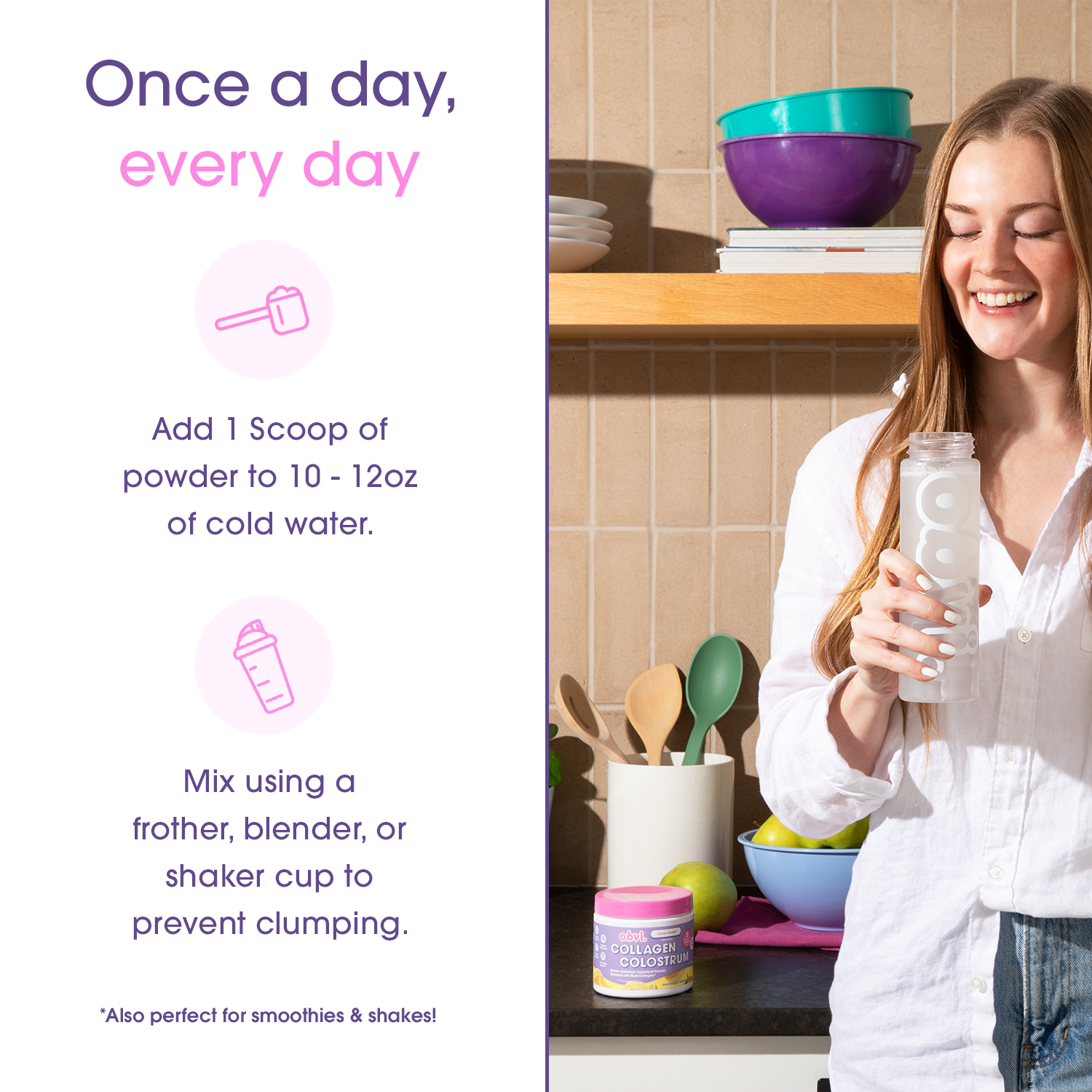 Daily usage instructions for Obvi Lemon Sorbet Colostrum powder, showing woman mixing one scoop in water for collagen and health benefits.