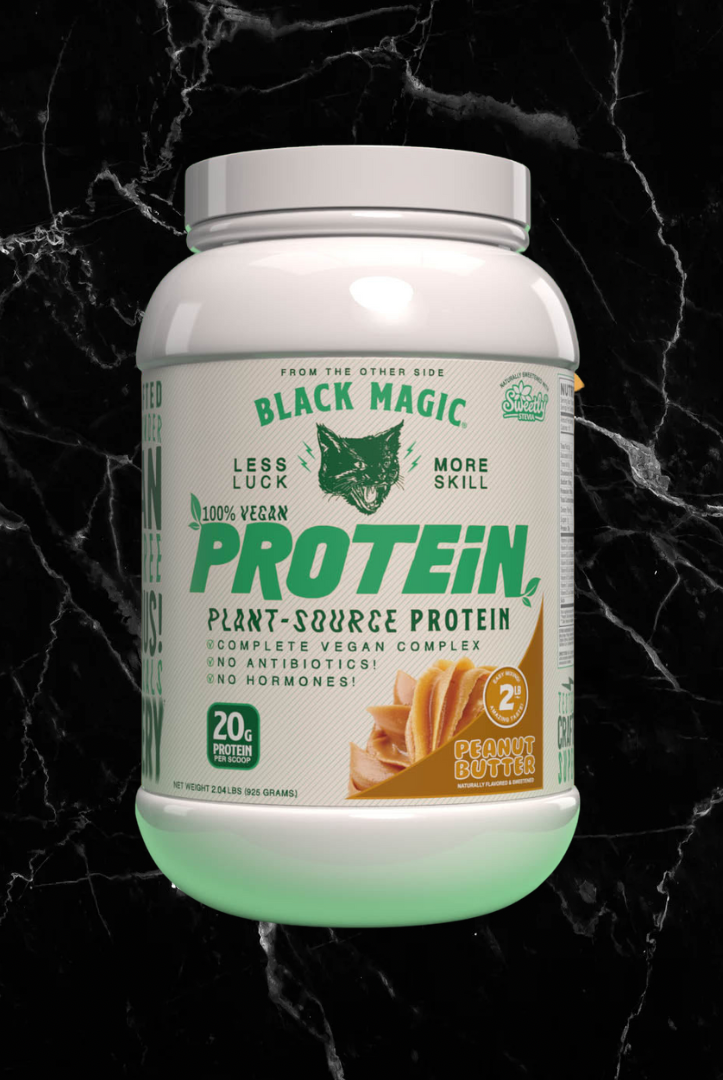 Black Magic Supply vegan protein supplement in peanut butter flavor with 20g plant-based protein, ideal for fitness and nutrition needs.