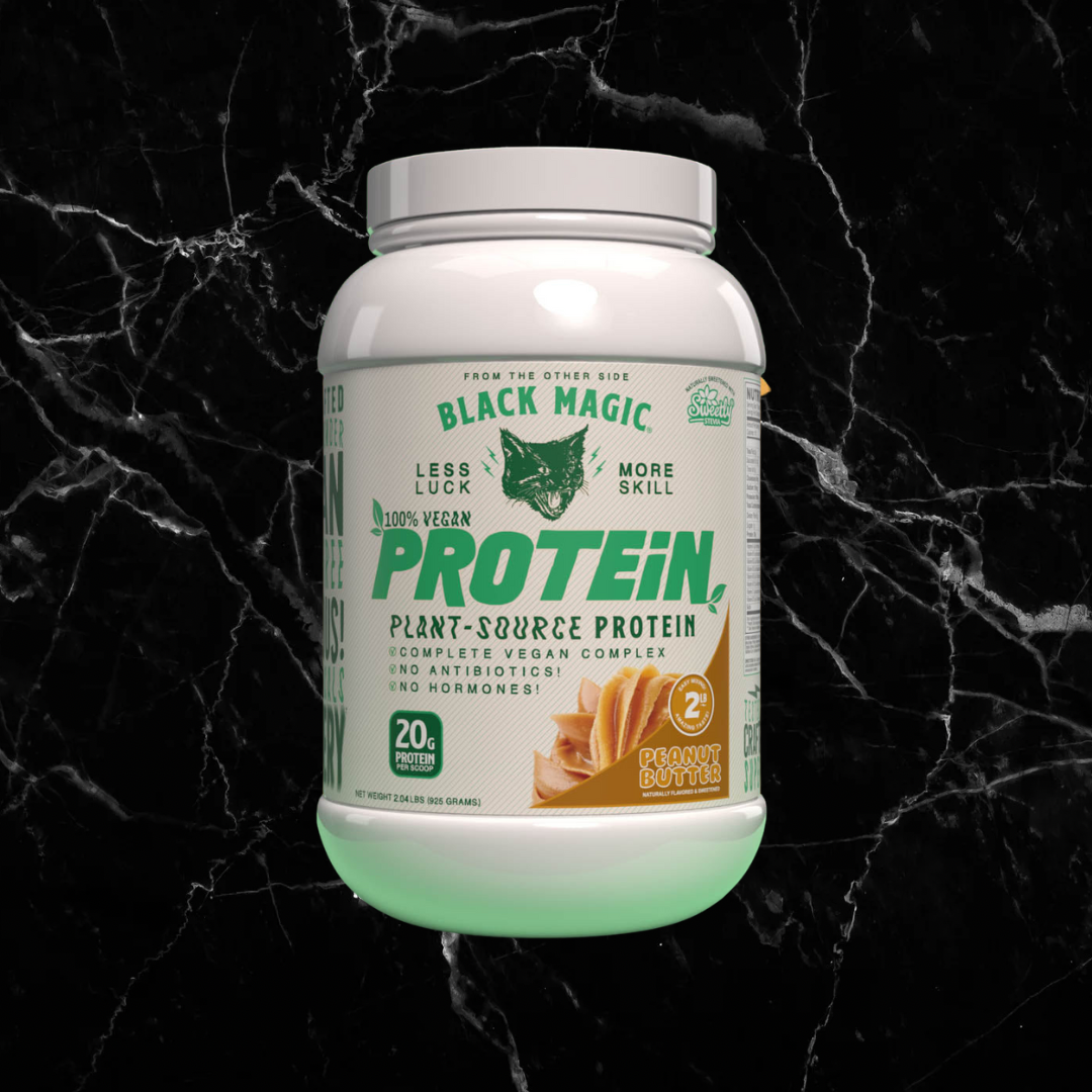 Black Magic Supply vegan protein supplement in peanut butter flavor with 20g plant-based protein, ideal for fitness and nutrition needs.