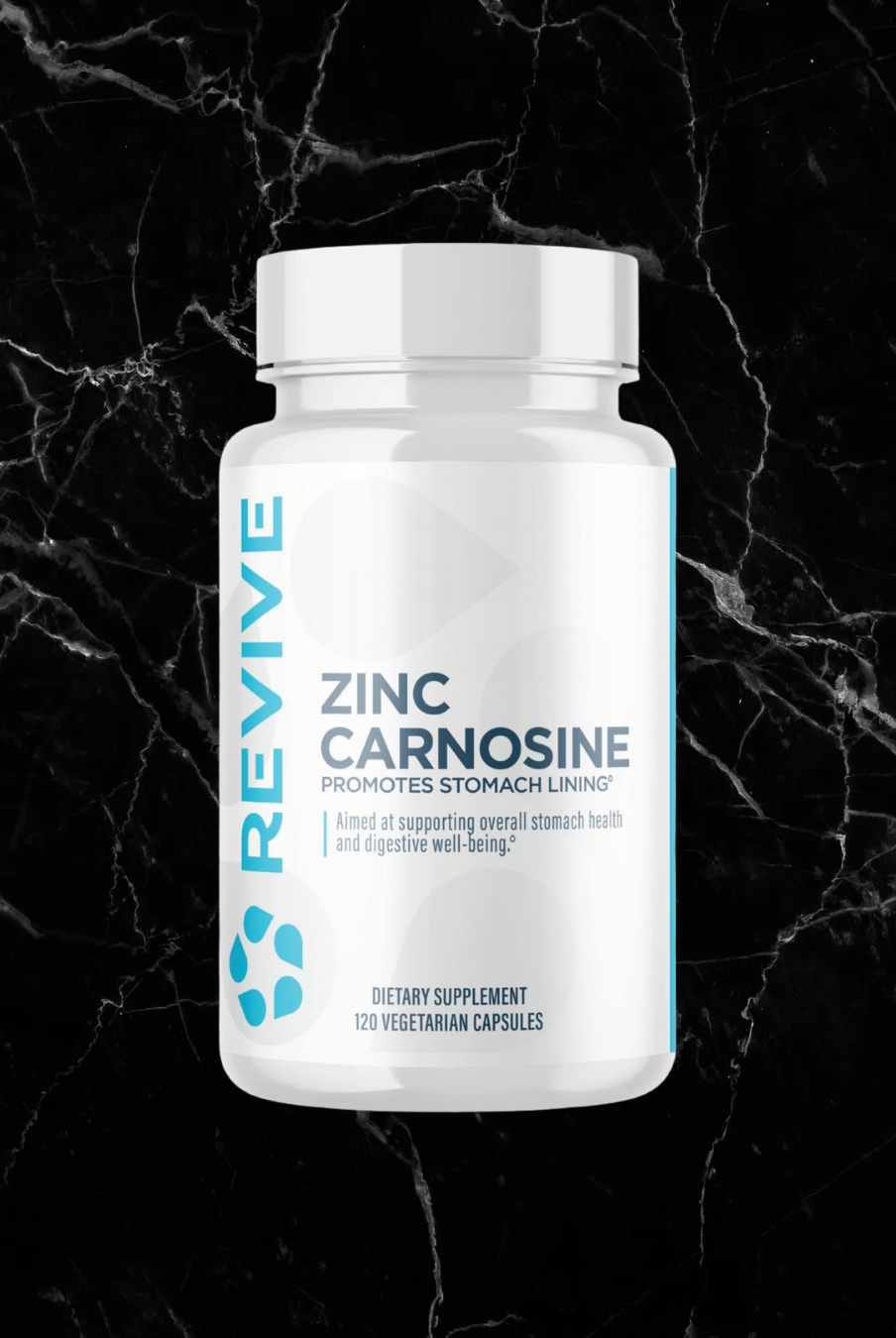 Revive Zinc Carnosine supplement bottle with 120 vegetarian capsules for digestive health, shown on a black marble background.