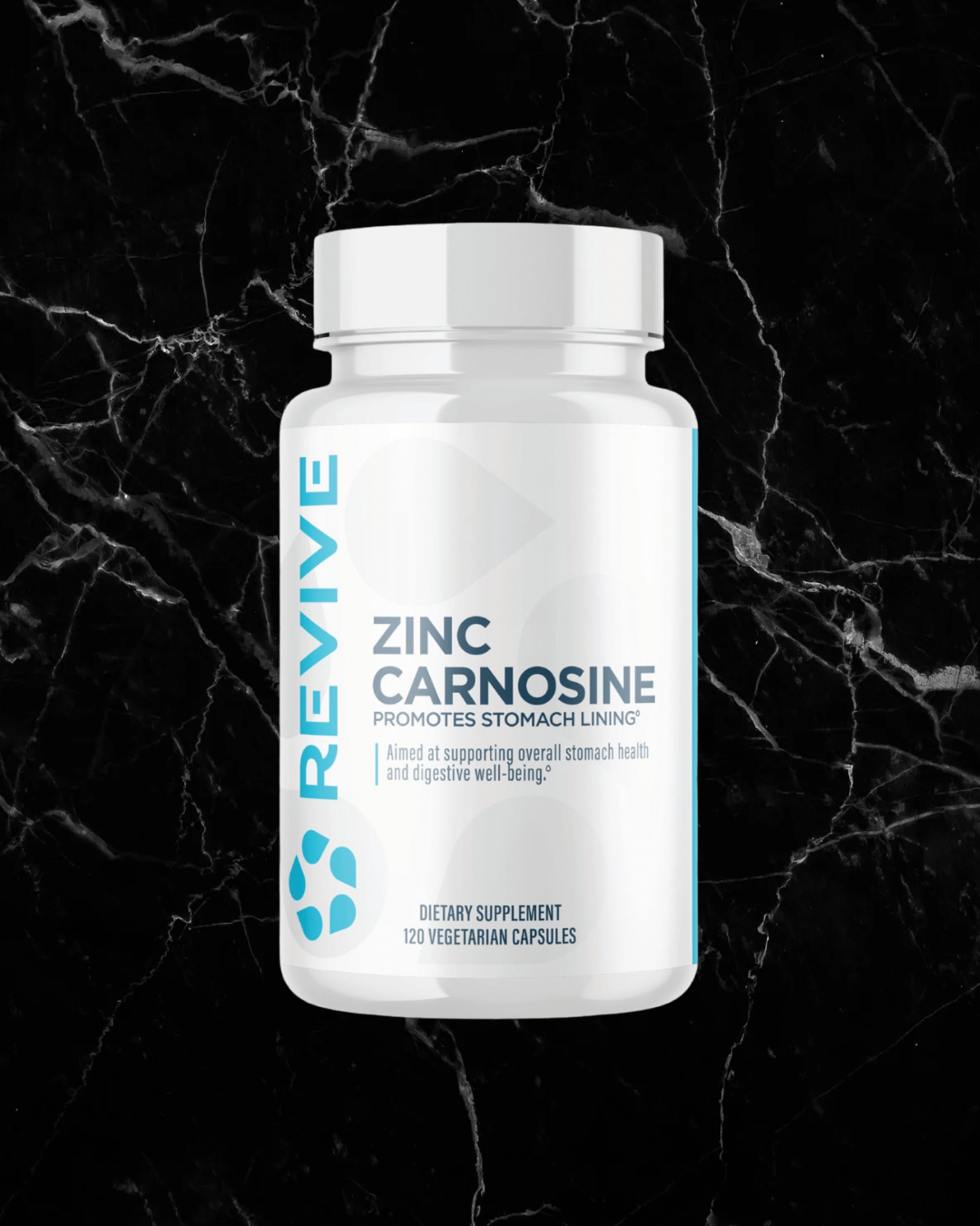 Revive Zinc Carnosine supplement bottle with 120 vegetarian capsules for digestive health, shown on a black marble background.