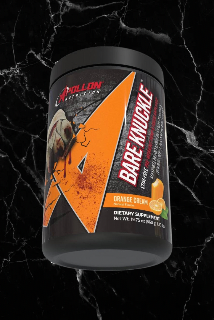 Apollon Bare Knuckle Non-Stimulant Pre-Workout in Orange Cream flavor with nitrate-infused formula for pump and focus, 640g container.
