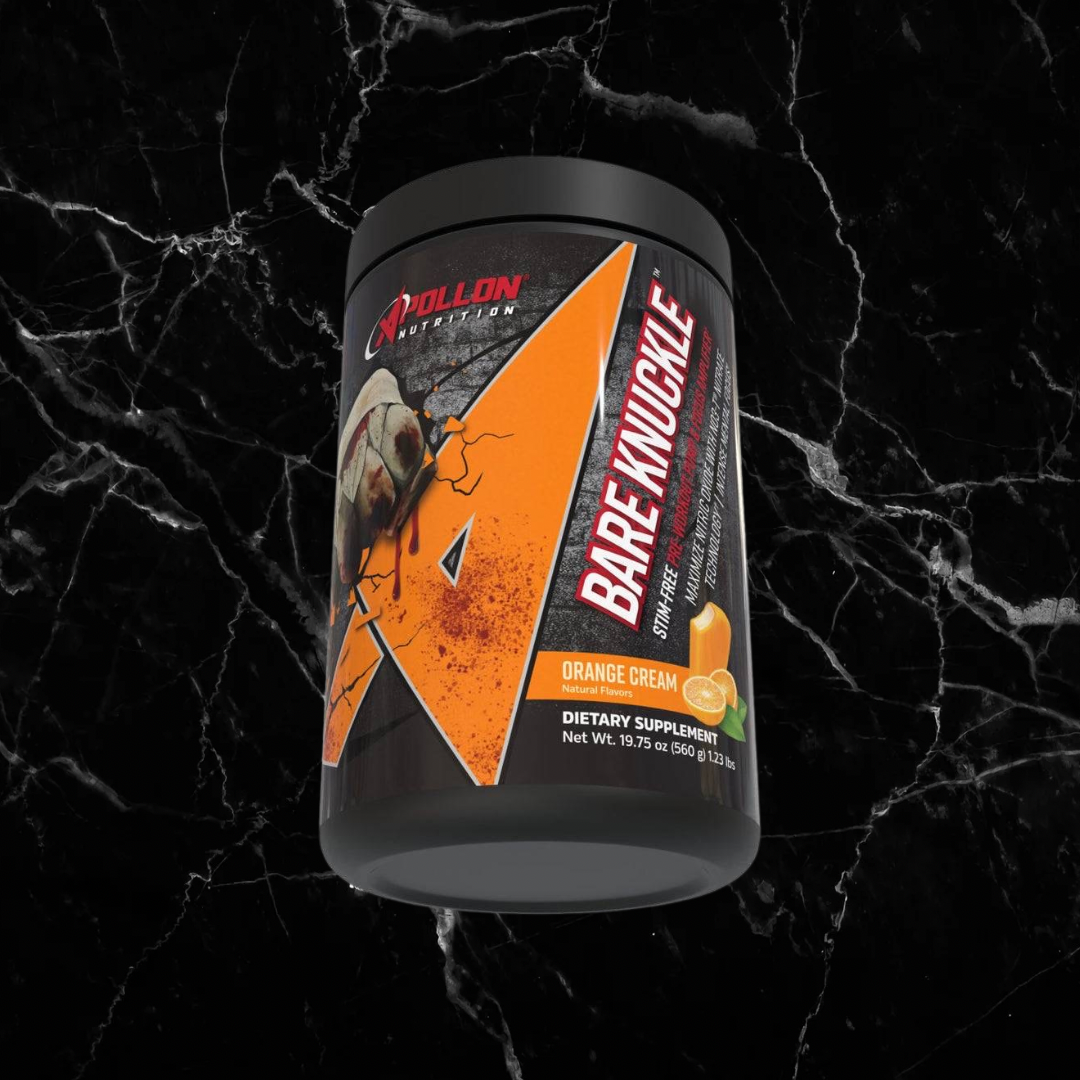 Apollon Bare Knuckle Non-Stimulant Pre-Workout in Orange Cream flavor with nitrate-infused formula for pump and focus, 640g container.