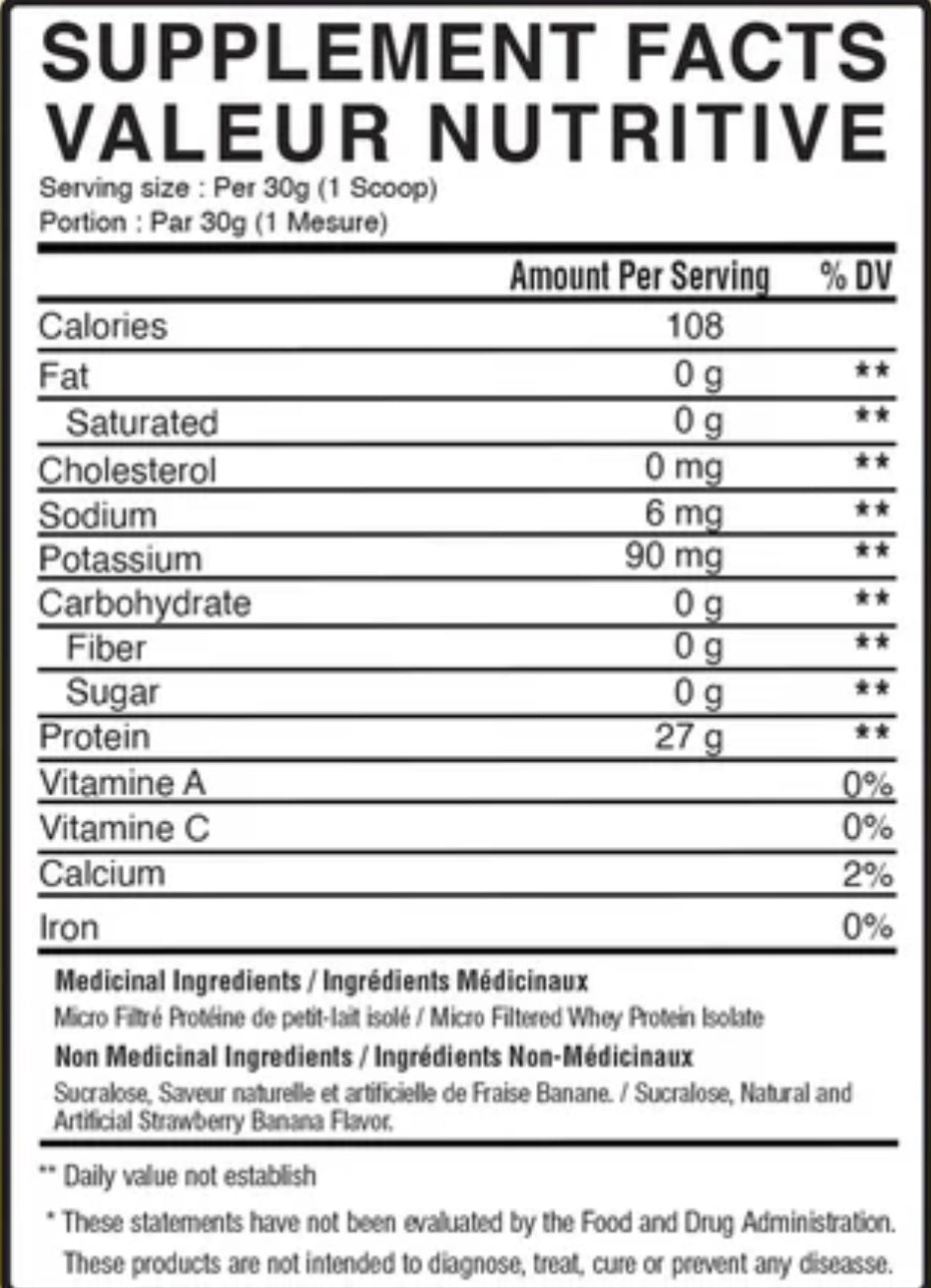Nutrition label for BulkBully Isolate Protein - Strawberry Banana Smoothie showing 27g protein, 0g carbs, and 108 calories per serving.