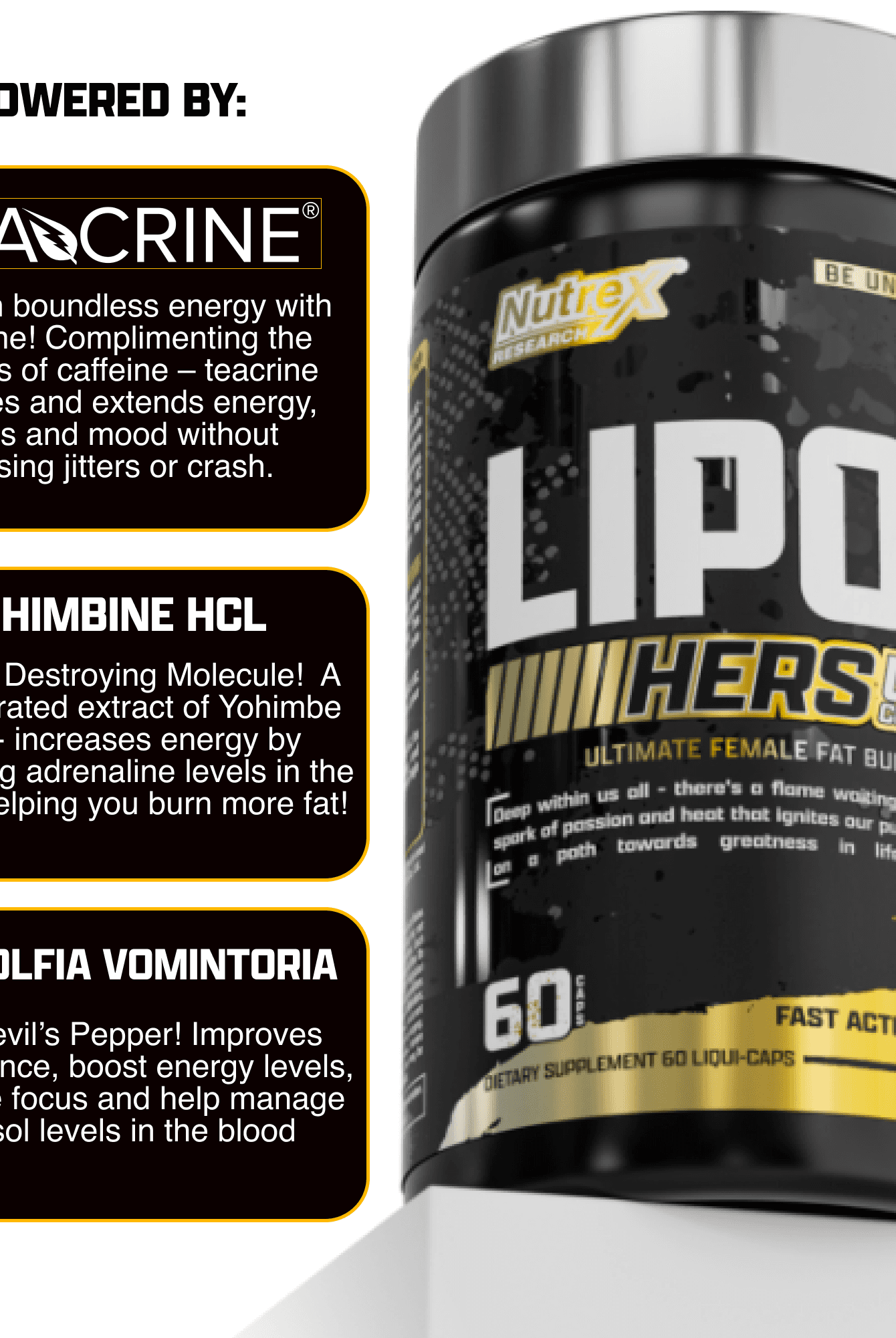 Nutrex Lipo6 HERS Ultra supplement bottle with ingredient highlights including TeaCrine, Yohimbine HCL, and Rauwolfia Vomitoria.