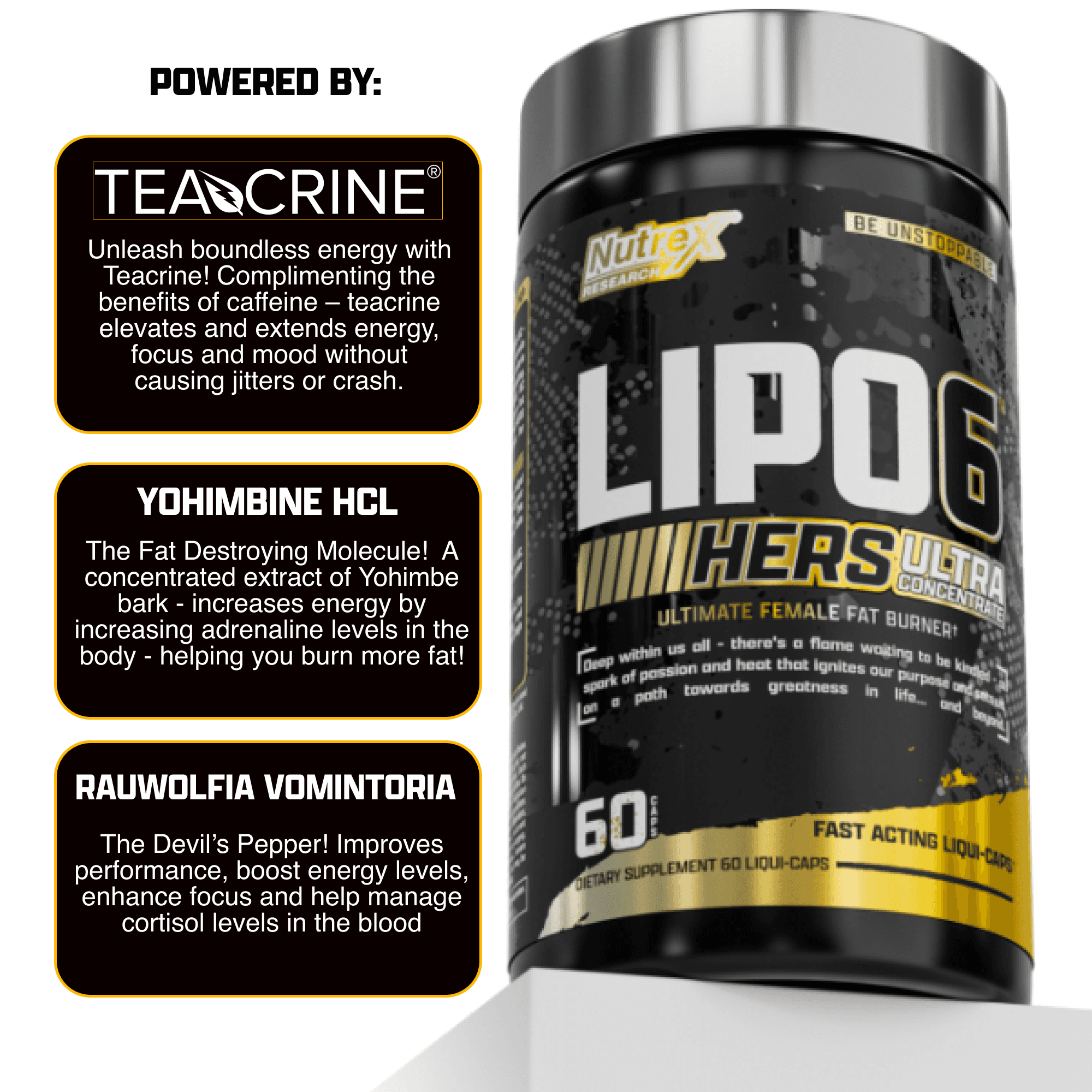 Nutrex Lipo6 HERS Ultra supplement bottle with ingredient highlights including TeaCrine, Yohimbine HCL, and Rauwolfia Vomitoria.