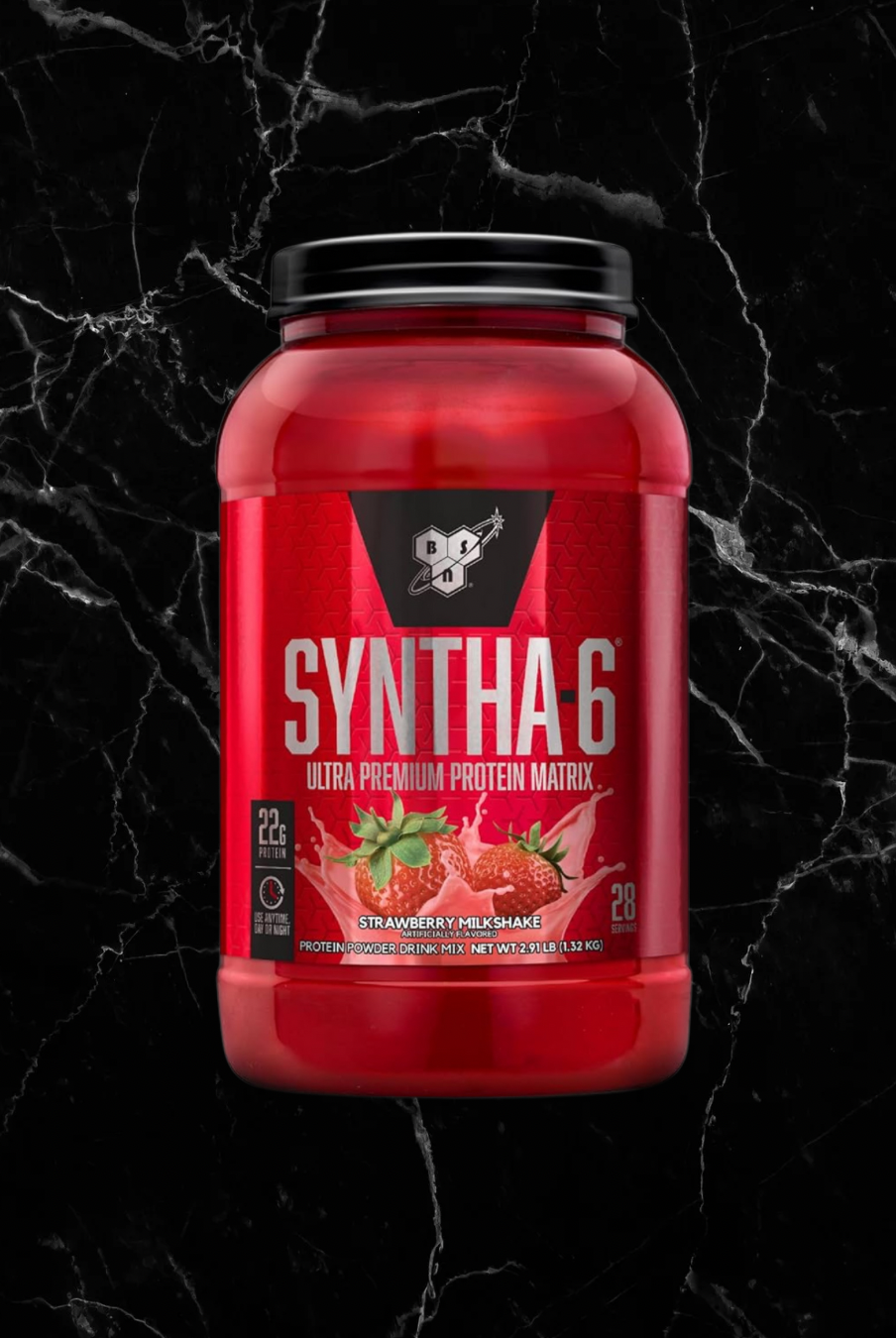 BSN SYNTHA-6 Whey Protein Matrix in Strawberry Milkshake flavor, 28 servings, ideal for muscle recovery and anytime protein use.