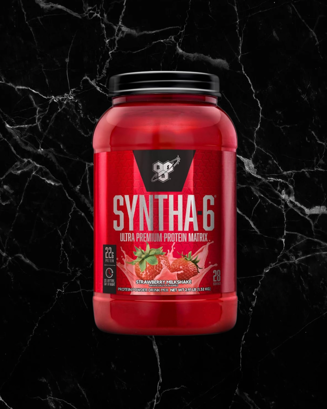 BSN SYNTHA-6 Whey Protein Matrix in Strawberry Milkshake flavor, 28 servings, ideal for muscle recovery and anytime protein use.