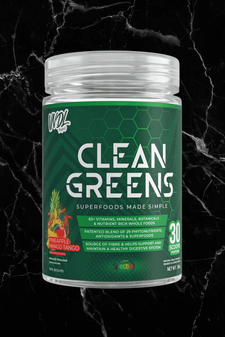VNDL Clean Greens Pineapple Mango Tango flavor superfood powder with nutrient-rich ingredients for energy and gut health. 30 servings.