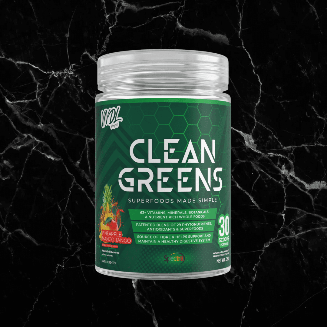 VNDL Clean Greens Pineapple Mango Tango flavor superfood powder with nutrient-rich ingredients for energy and gut health. 30 servings.