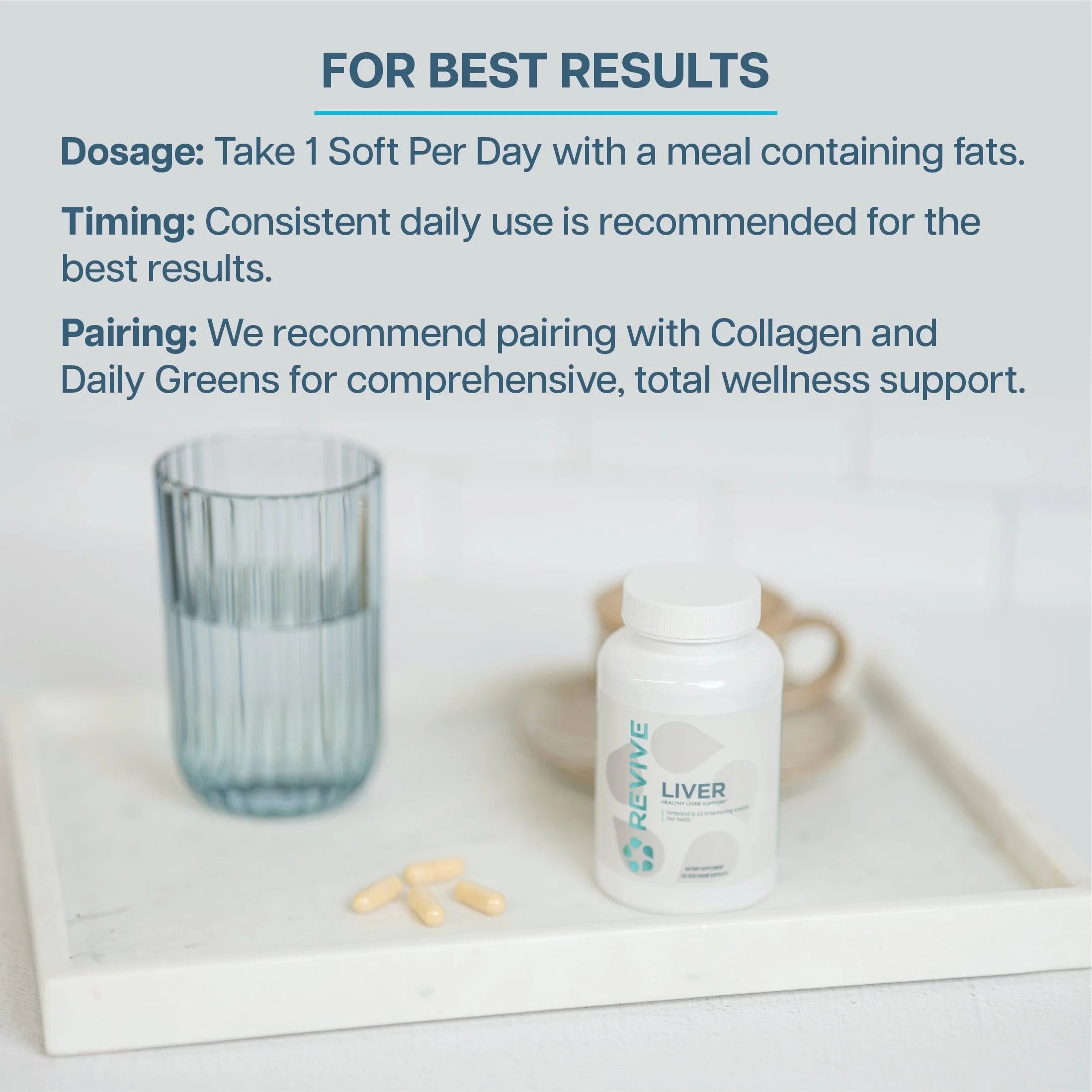 Revive Liver 30 Servings bottle on a tray with capsules and water glass, showing dosage and pairing tips for optimal liver health results.