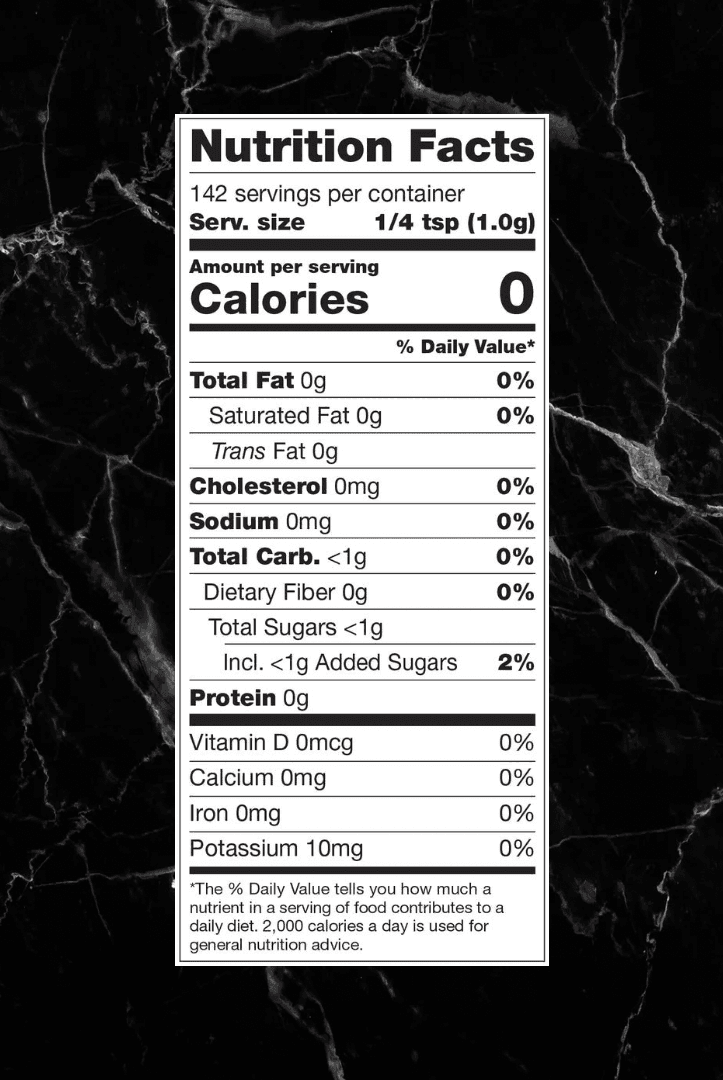 Nutrition label for Cinnamon Toast Swirl - Flavoring showing 0 calories, 0g fat, and less than 1g carbs per 1/4 tsp serving, perfect for guilt-free seasoning.