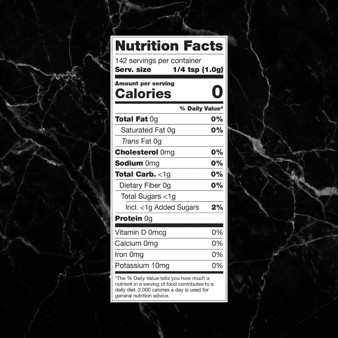 Nutrition label for Cinnamon Toast Swirl - Flavoring showing 0 calories, 0g fat, and less than 1g carbs per 1/4 tsp serving, perfect for guilt-free seasoning.