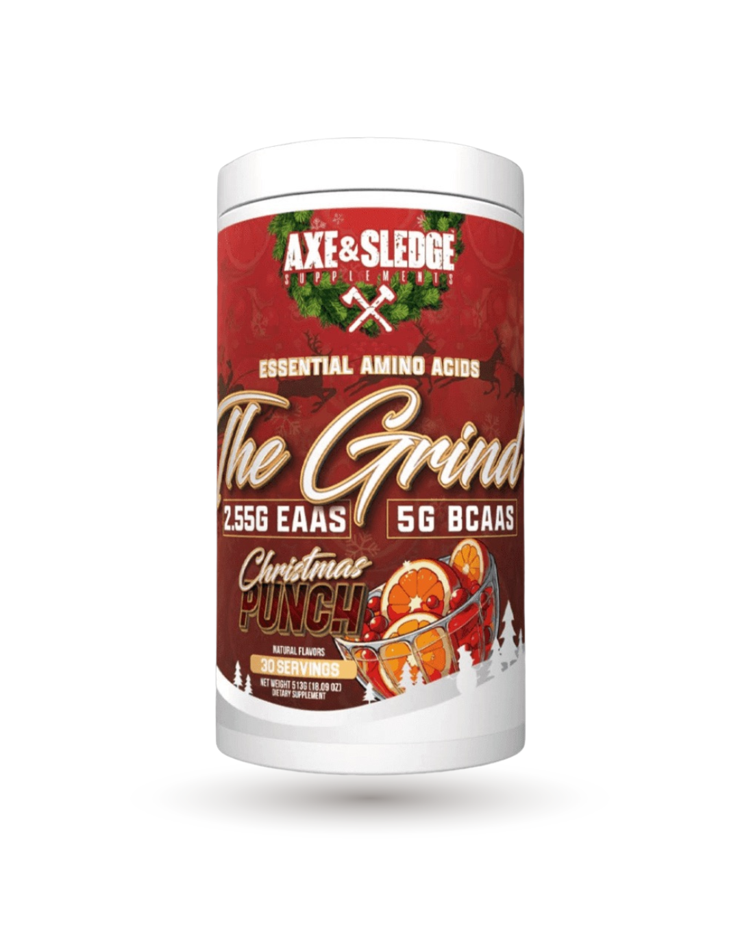Axe Sledge The Grind EAA Hydration Christmas Punch flavor. Holiday-themed BCAA supplement with 30 servings for muscle recovery.