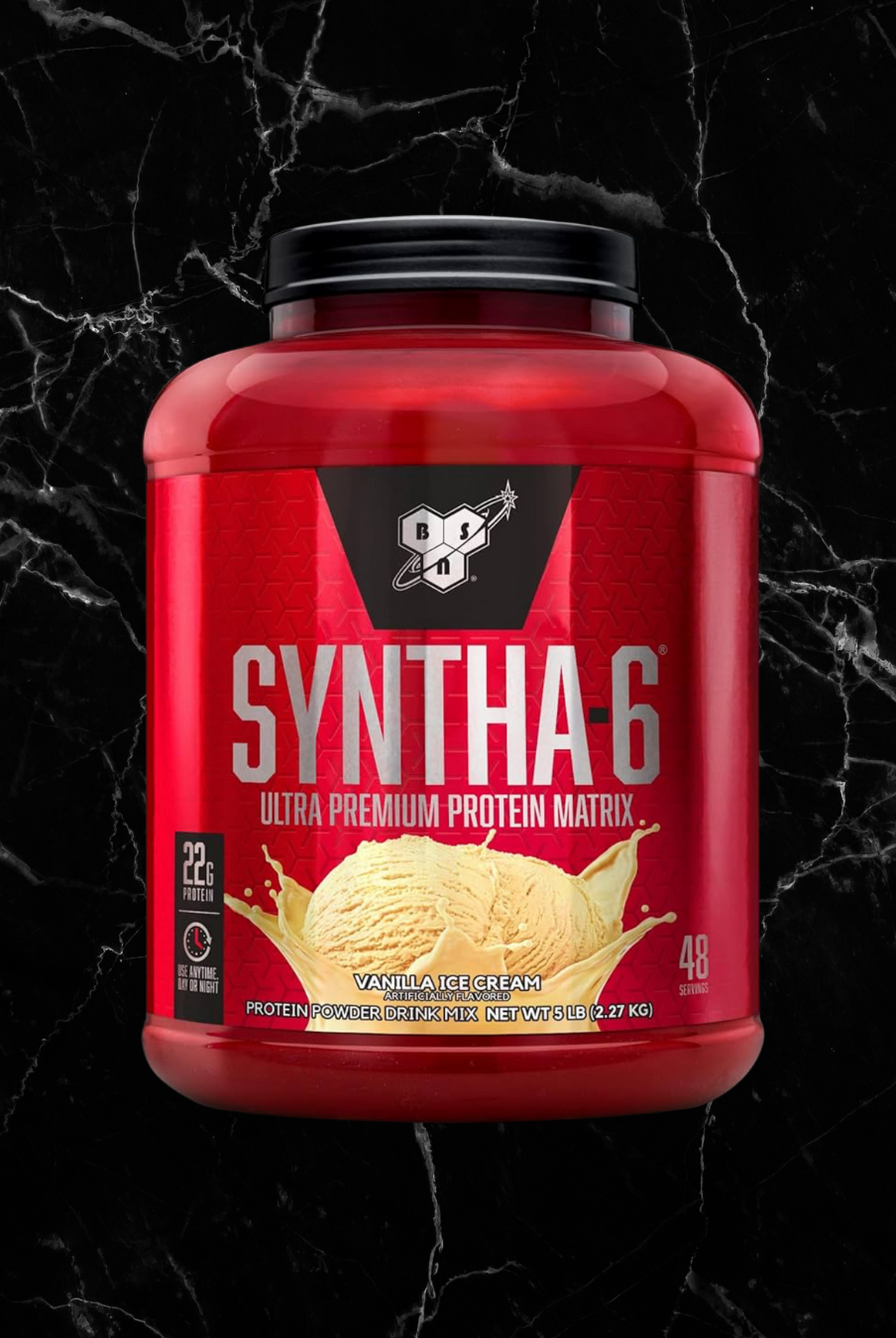BSN SYNTHA-6 Protein Powder Vanilla Ice Cream flavor with 22g protein per serving in a 5lb red container, ideal for muscle recovery and growth.