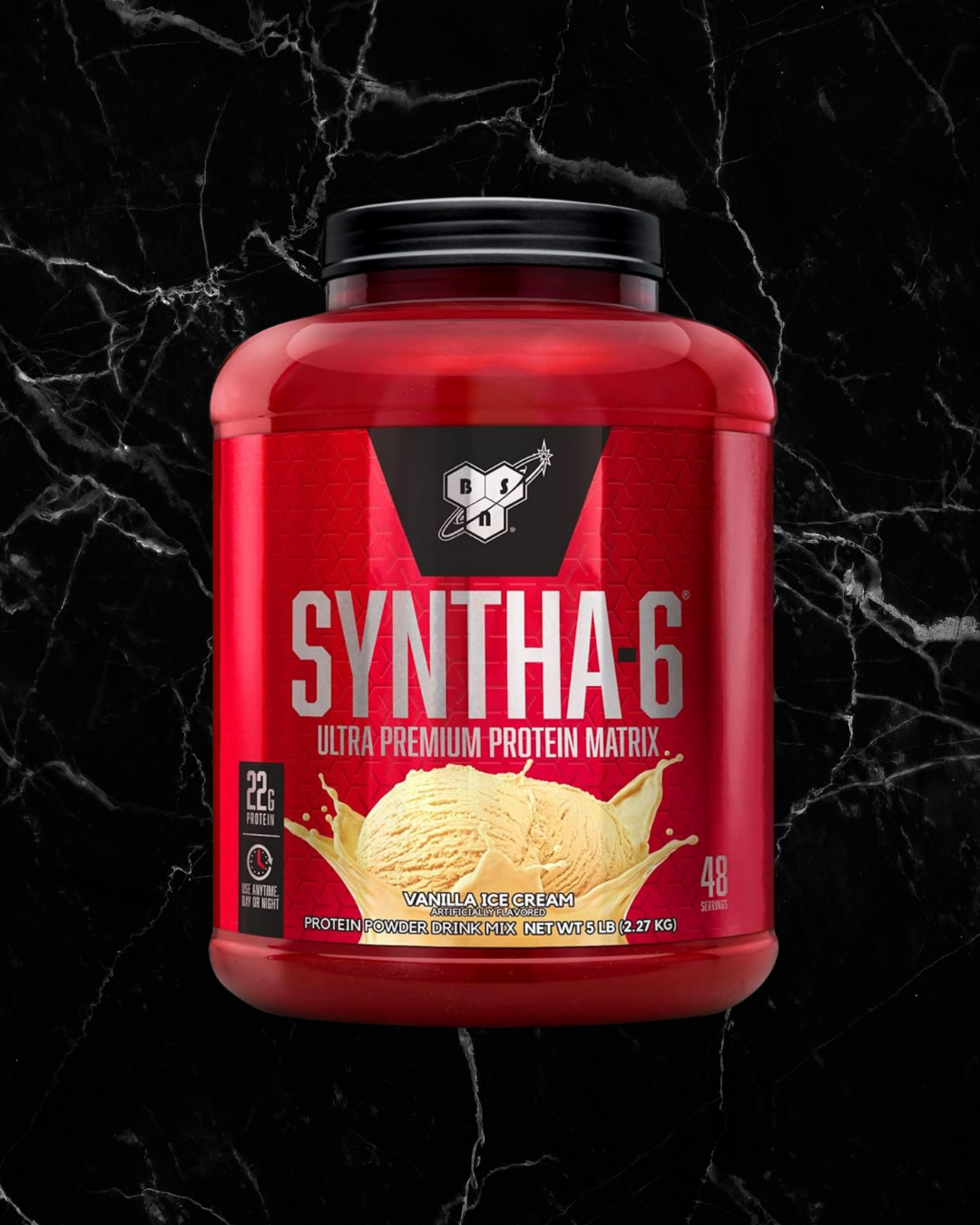 BSN SYNTHA-6 Protein Powder Vanilla Ice Cream flavor with 22g protein per serving in a 5lb red container, ideal for muscle recovery and growth.