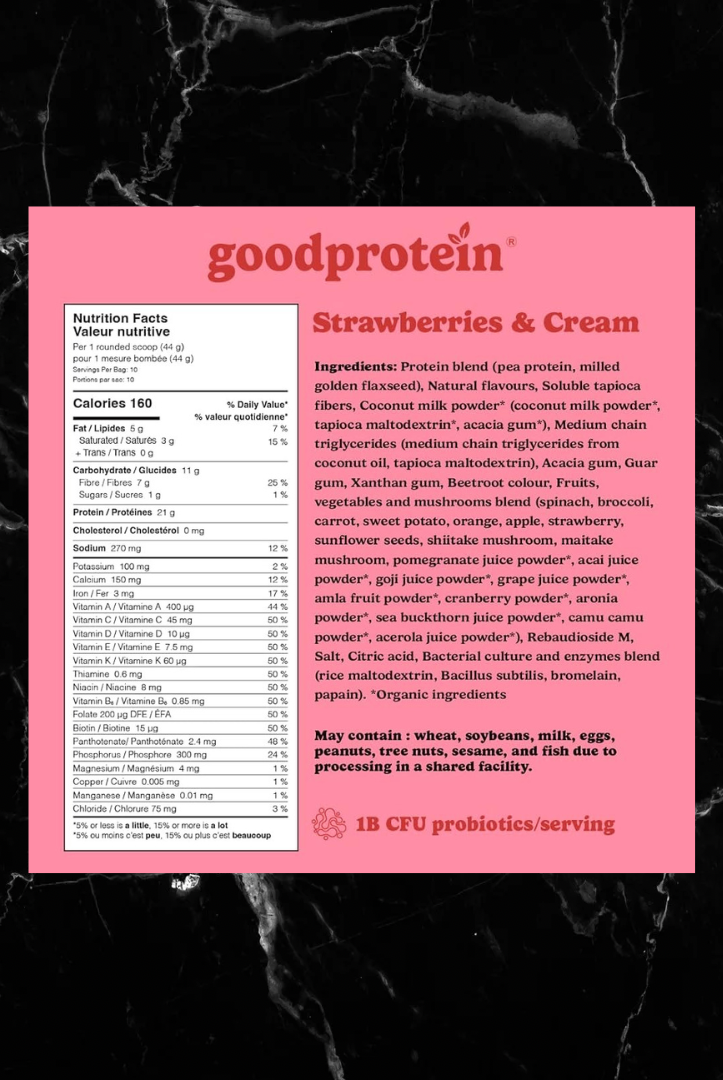 Strawberries & Cream flavor nutrition label for goodprotein Plant Blend, detailing superfood ingredients and plant-based protein content.