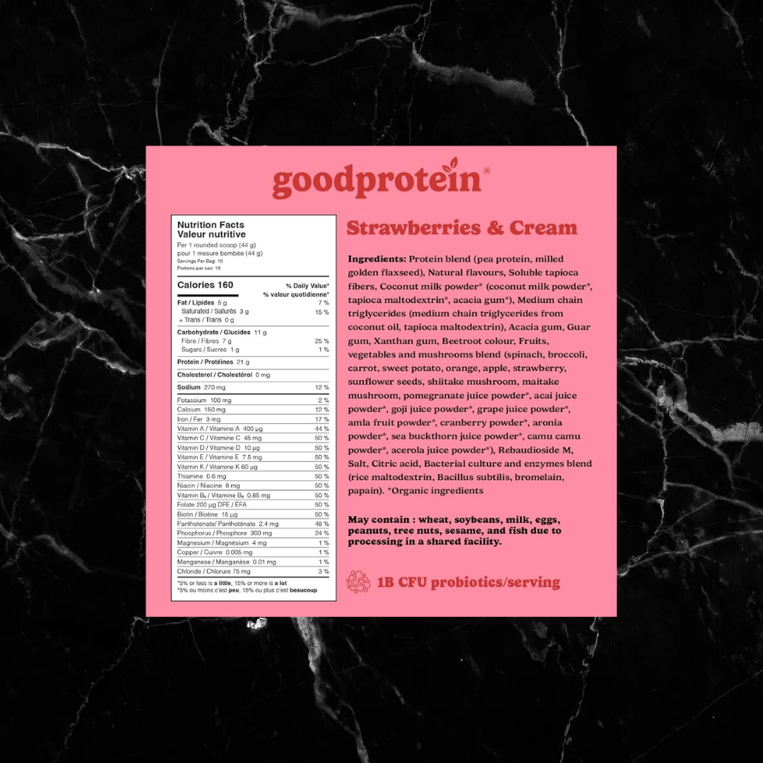 Strawberries & Cream flavor nutrition label for goodprotein Plant Blend, detailing superfood ingredients and plant-based protein content.