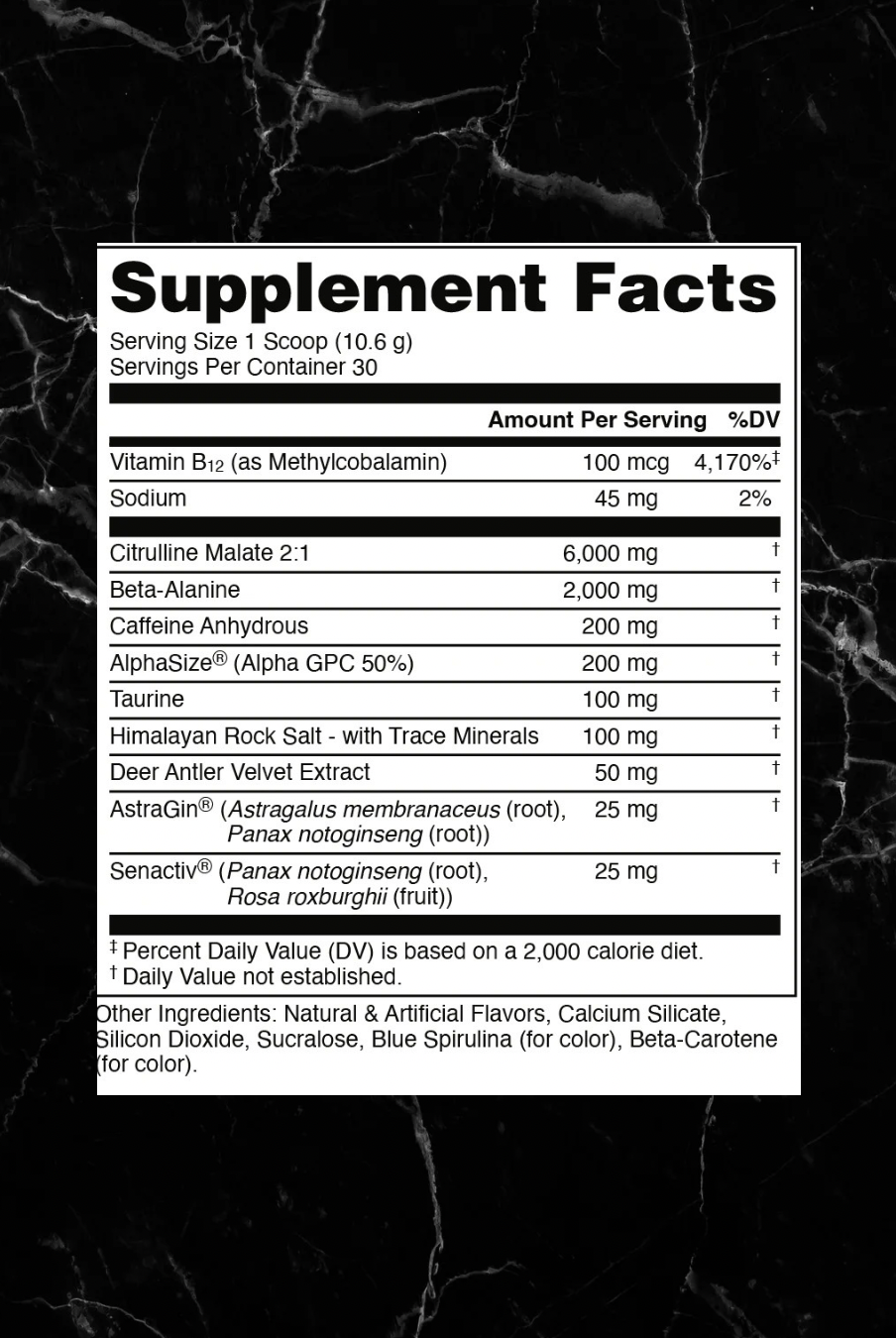 Supplement facts label for Bucked Up WOKE AF Pre-Workout showing clinically dosed ingredients like Beta-Alanine, Citrulline Malate, and Caffeine.