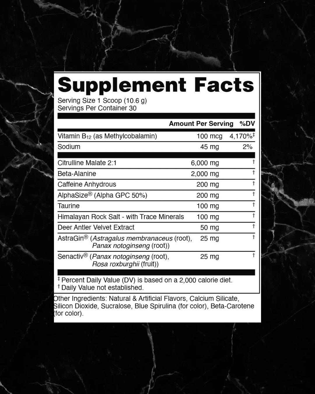 Supplement facts label for Bucked Up WOKE AF Pre-Workout showing clinically dosed ingredients like Beta-Alanine, Citrulline Malate, and Caffeine.