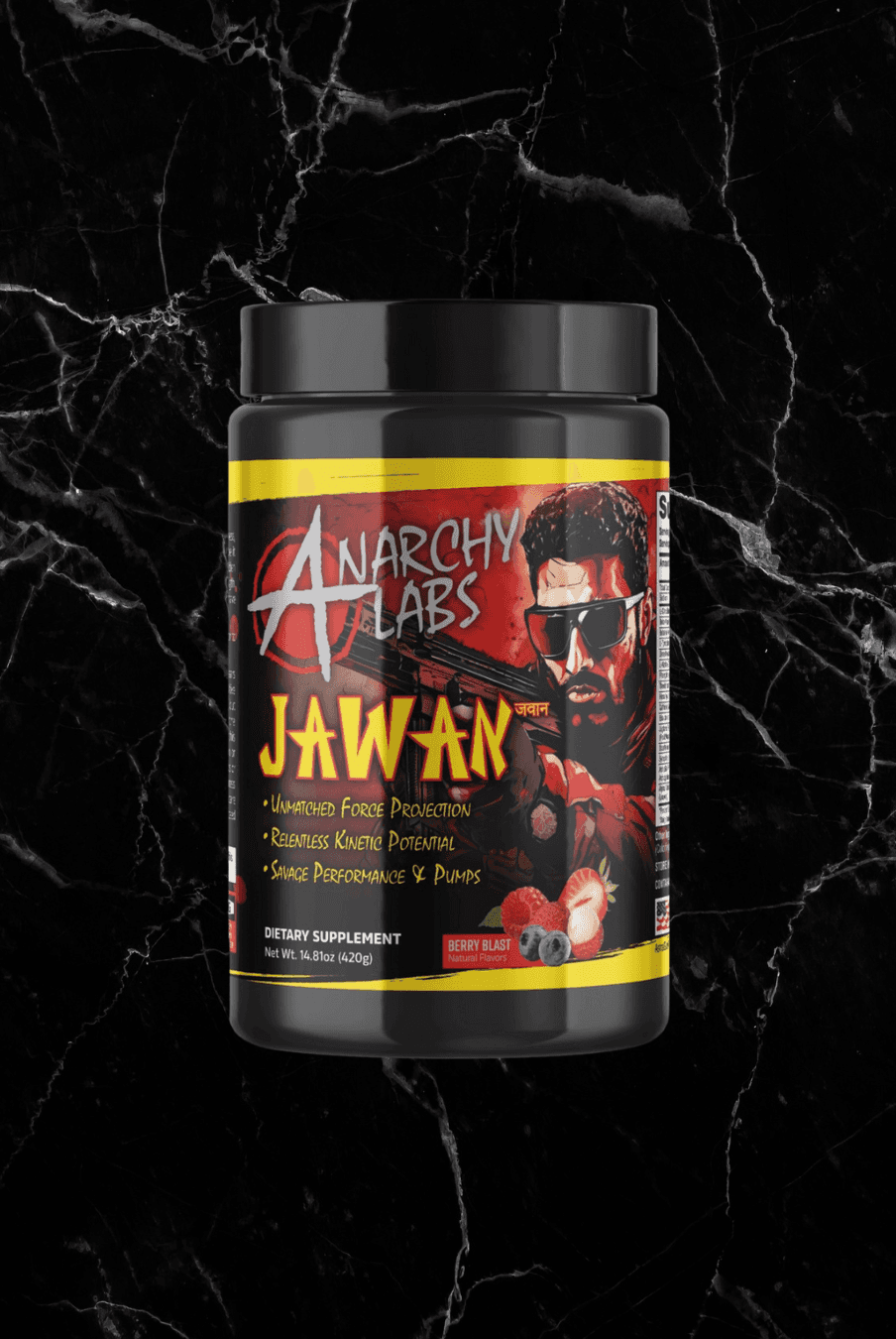 Anarchy Pre Workout - High-Octane Pre-Workout in Berry Blast flavor by Anarchy Labs JAWAN, formulated for intense energy and muscle performance.