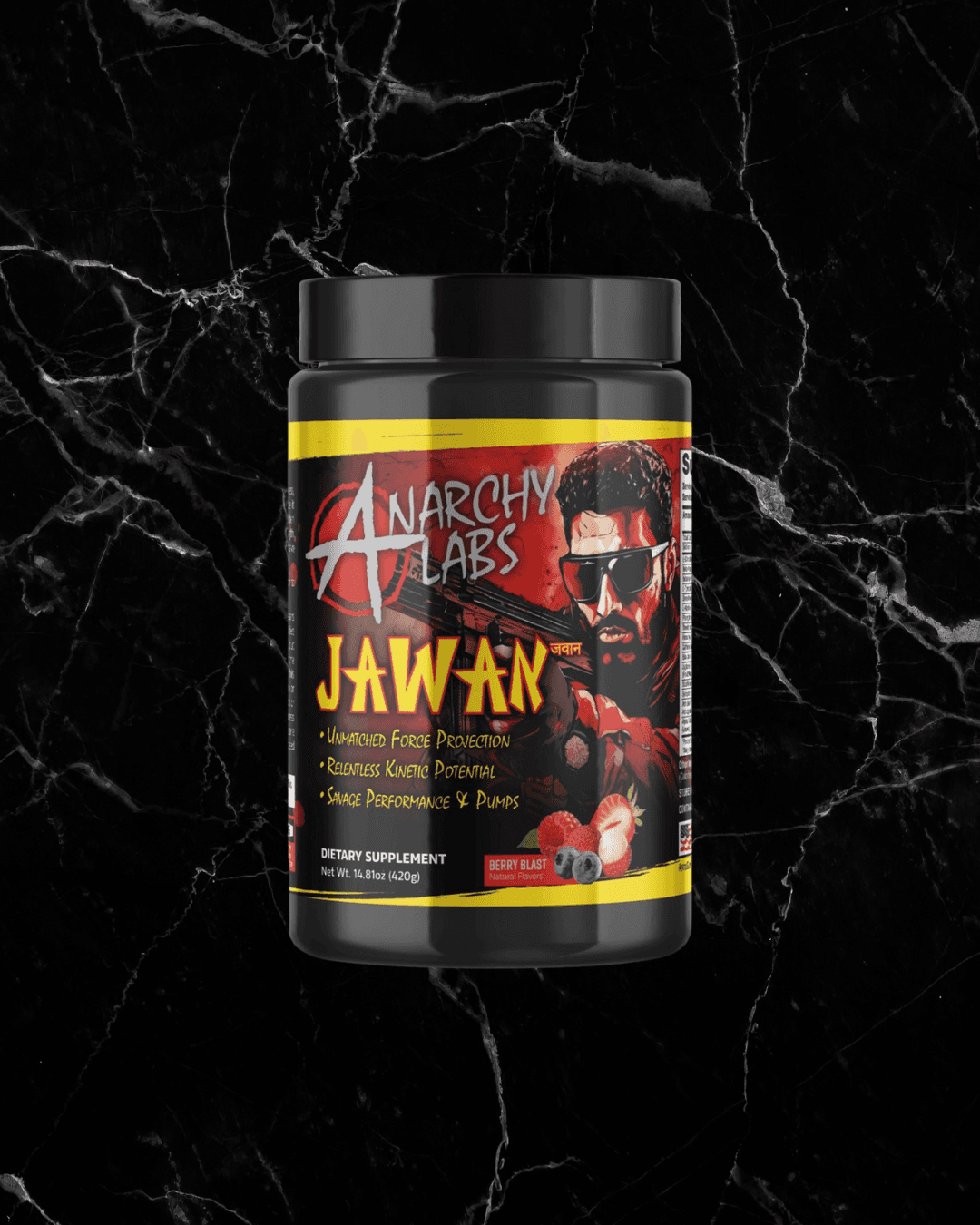 Anarchy Pre Workout - High-Octane Pre-Workout in Berry Blast flavor by Anarchy Labs JAWAN, formulated for intense energy and muscle performance.