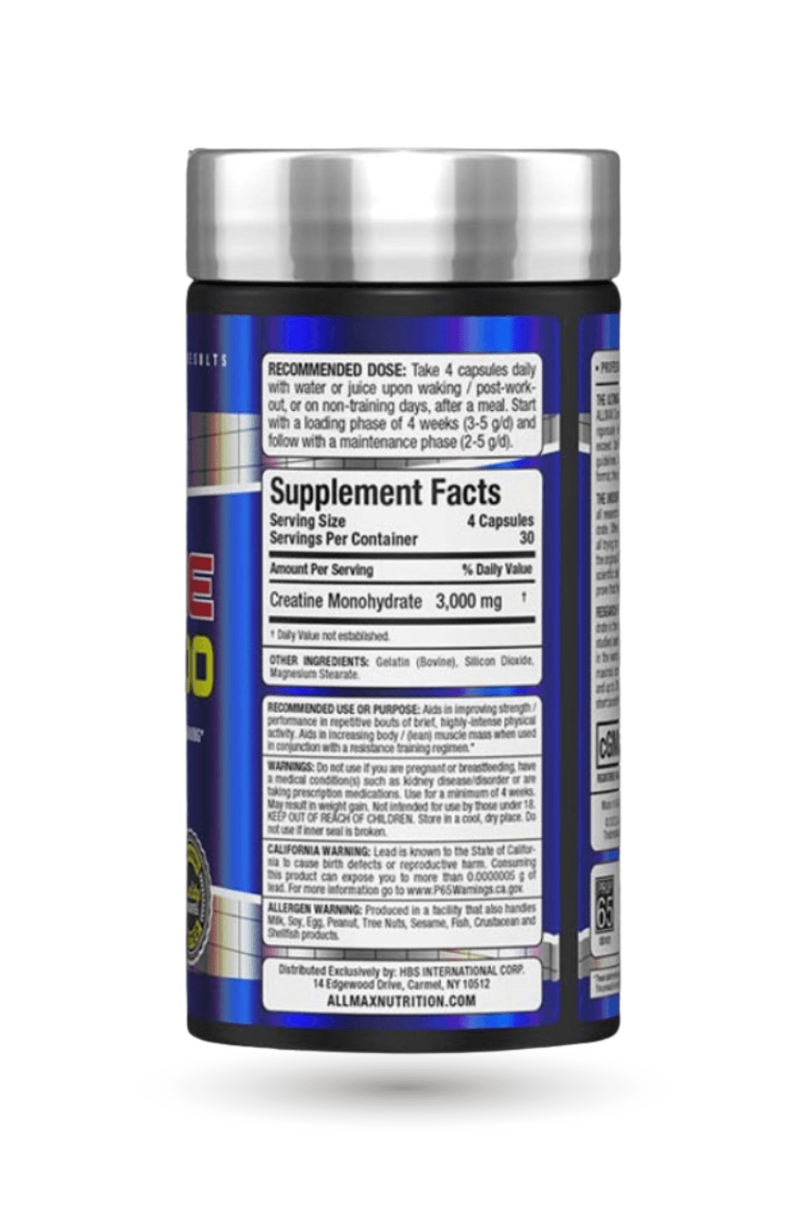 Back label of ALLMAX Creatine 3000 Capsules detailing supplement facts with 3000 mg creatine monohydrate per serving. Ideal for muscle gains.