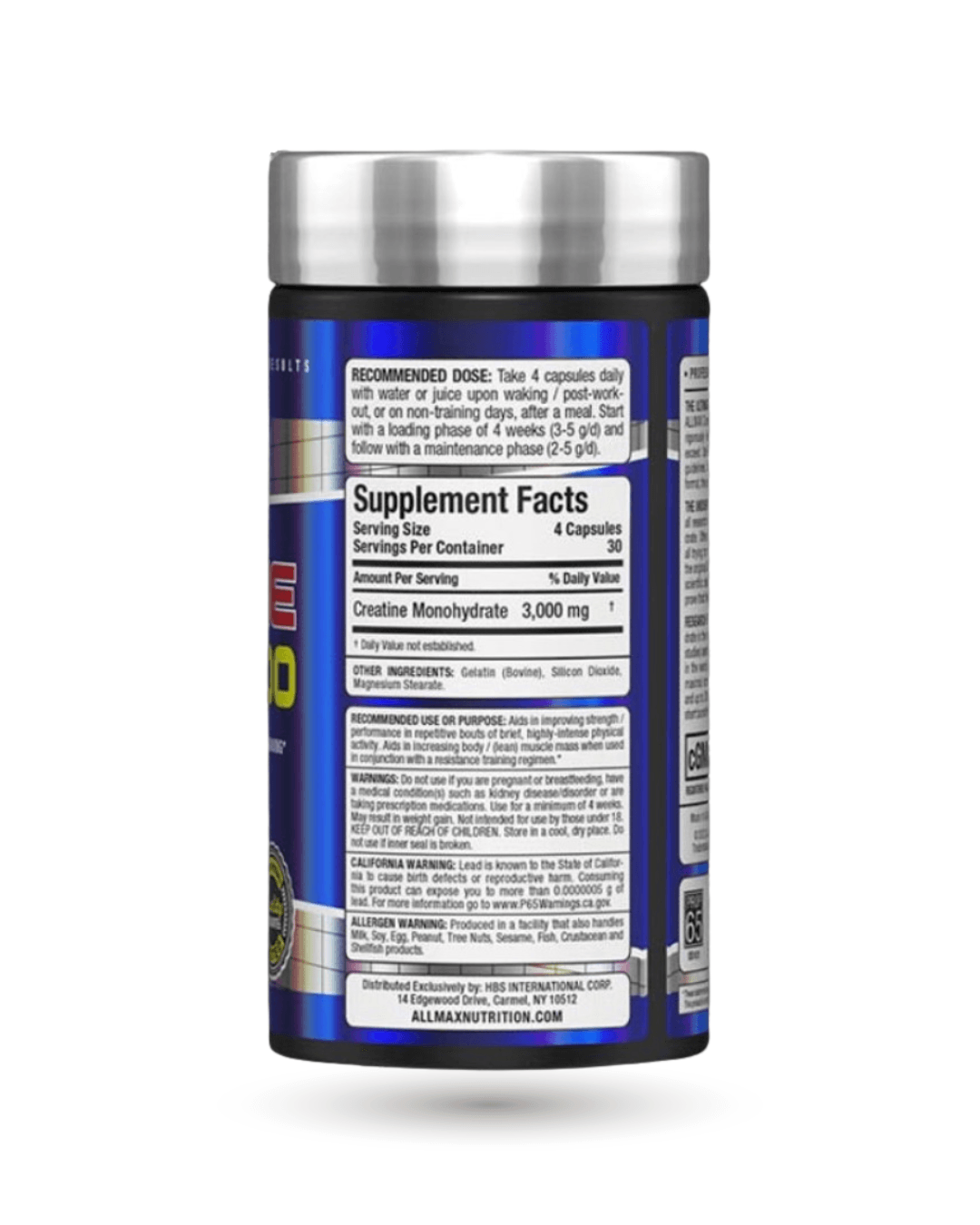 Back label of ALLMAX Creatine 3000 Capsules detailing supplement facts with 3000 mg creatine monohydrate per serving. Ideal for muscle gains.