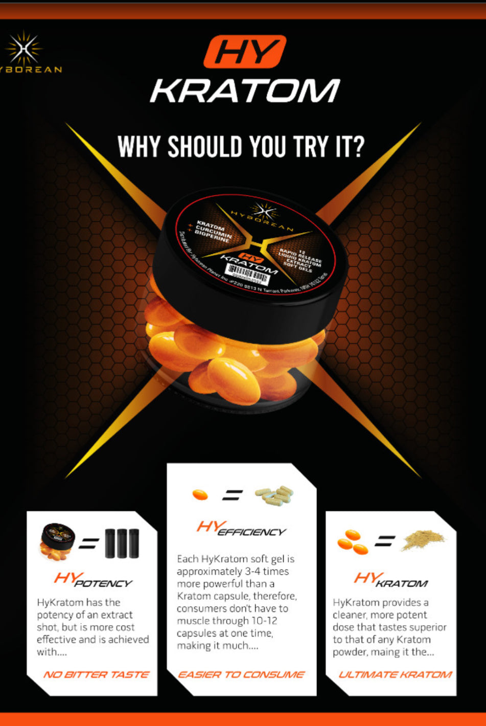 HyKratom Soft Gels (30 Soft Gels) by Hyborean displayed in a black and orange container. Bulk gain supplements for fitness and muscle growth.