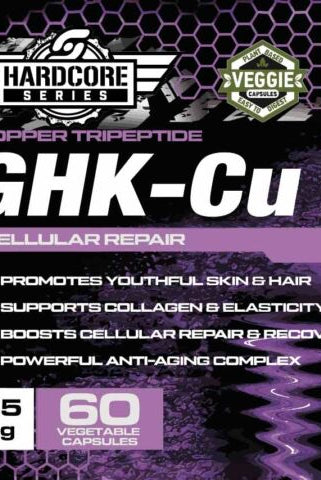 Detailed label of Savageline Labs GHK-Cu Capsules showing supplement facts, usage instructions, and anti-aging skin and hair benefits.