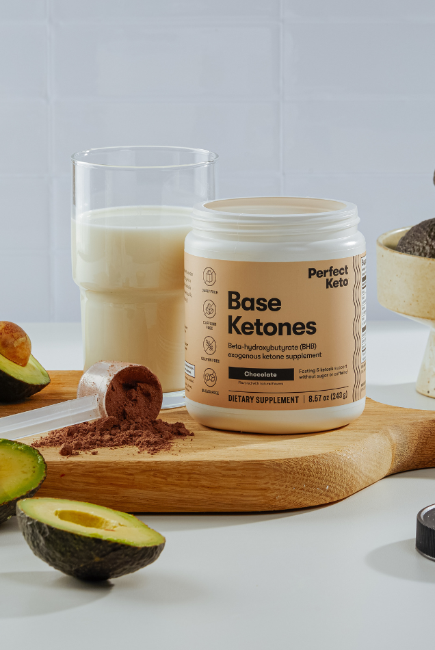 Chocolate Perfect Keto Base Ketones with avocado and milk, caffeine-free BHB supplement for clean energy and keto support.