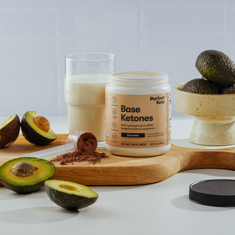 Chocolate Perfect Keto Base Ketones with avocado and milk, caffeine-free BHB supplement for clean energy and keto support.