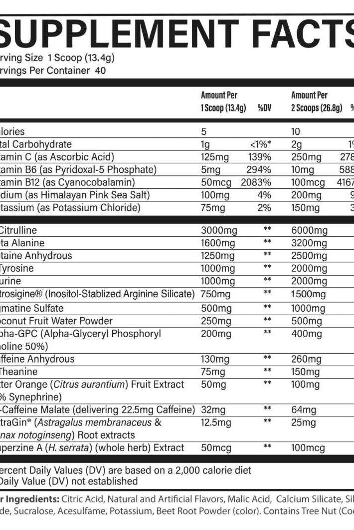 Detailed supplement facts for CBUM Thavage Pre Workout. Highlights L-Citrulline, Beta Alanine, and caffeine content per scoop.