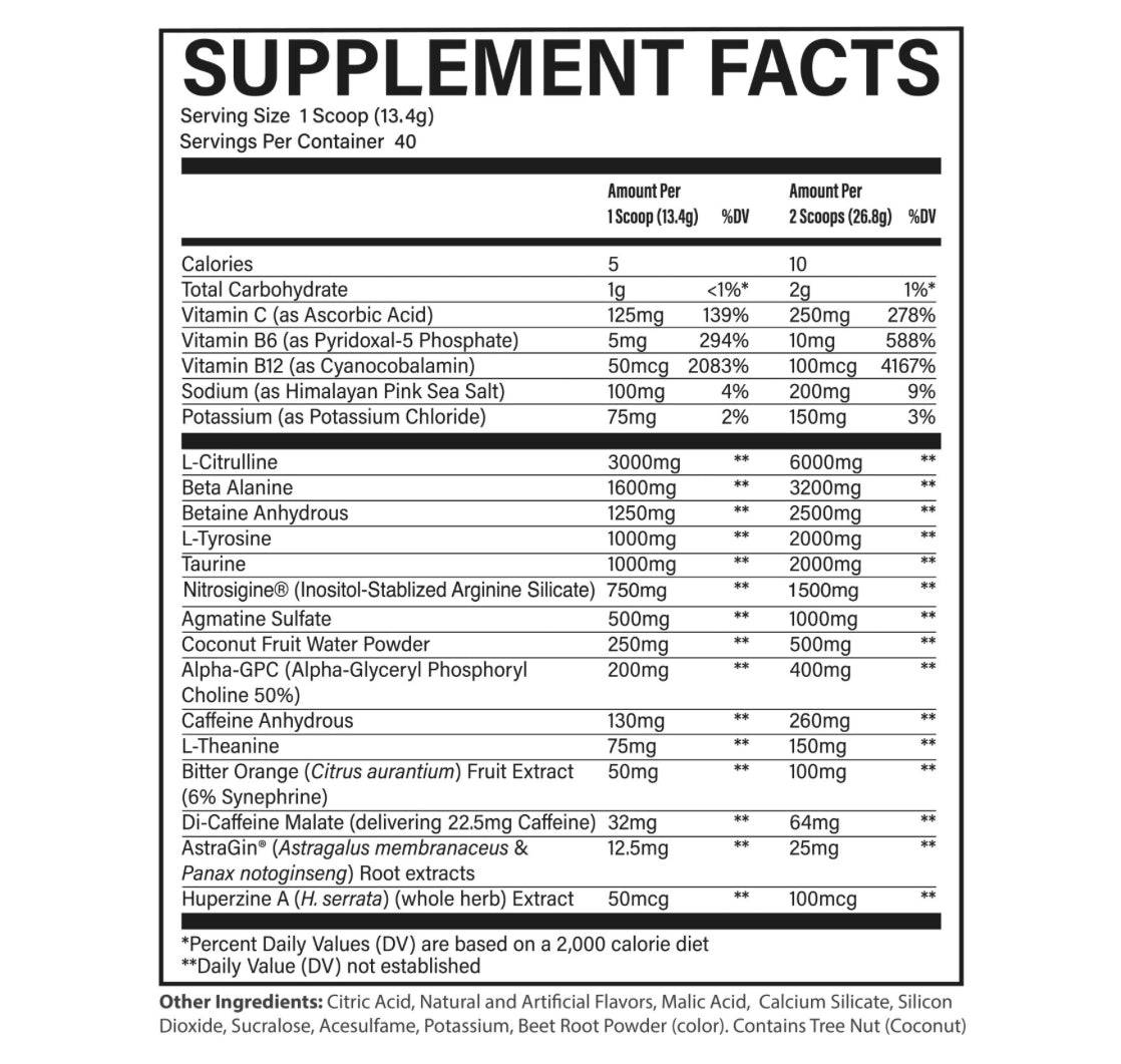 Detailed supplement facts for CBUM Thavage Pre Workout. Highlights L-Citrulline, Beta Alanine, and caffeine content per scoop.