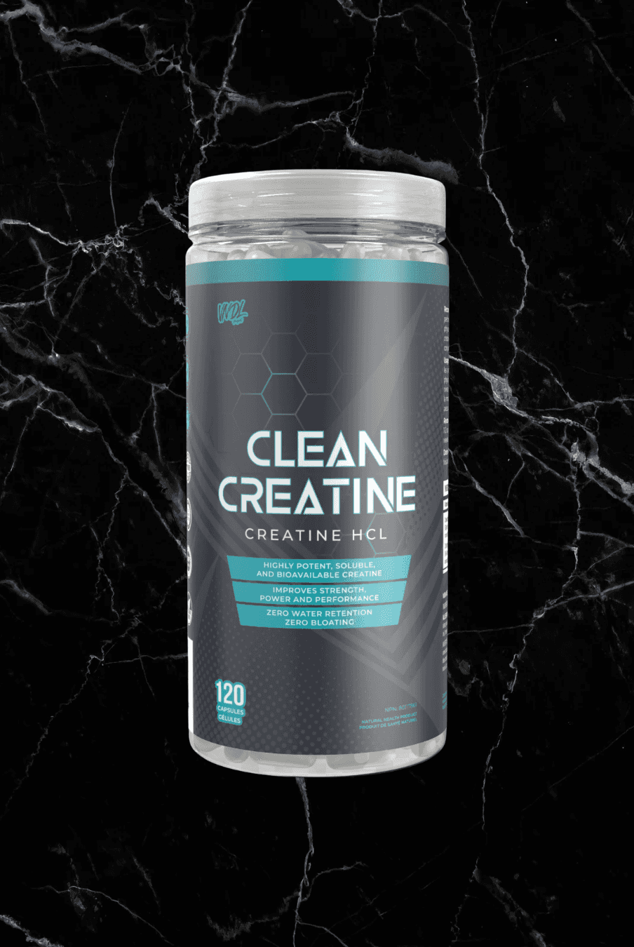 VNDL Creatine HCL - Muscle Supplement in a 120 veggie capsule bottle, designed for high solubility and potency, shown on a black marble background.