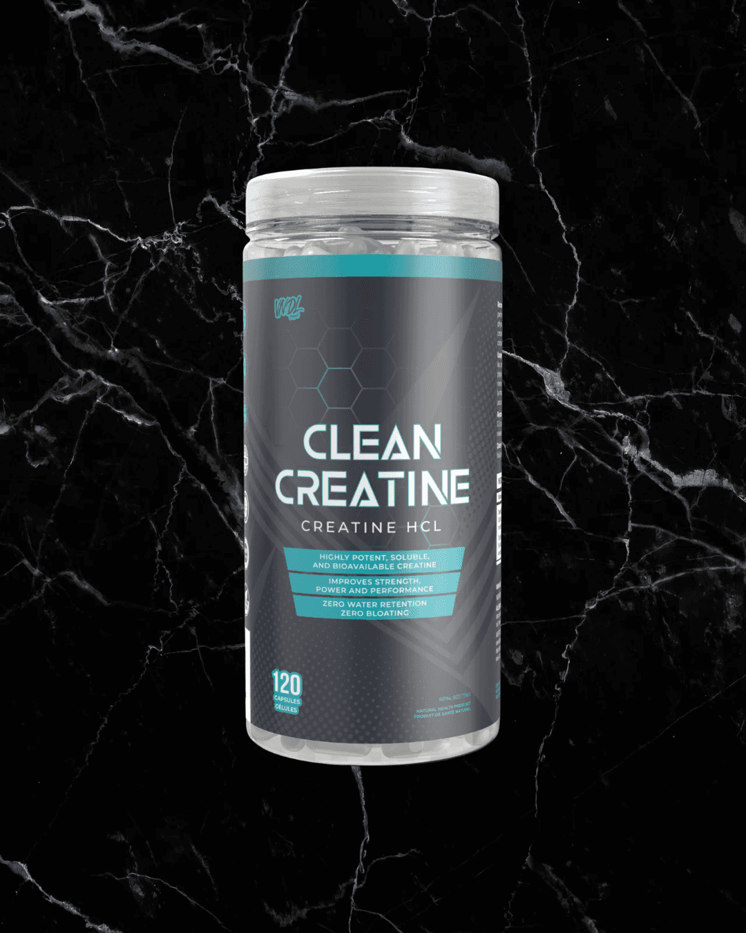 VNDL Creatine HCL - Muscle Supplement in a 120 veggie capsule bottle, designed for high solubility and potency, shown on a black marble background.