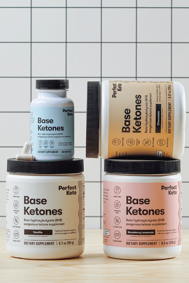 Assorted Perfect Keto Base Ketones supplements in various flavors and sizes, ideal for ketosis support and clean energy boost.