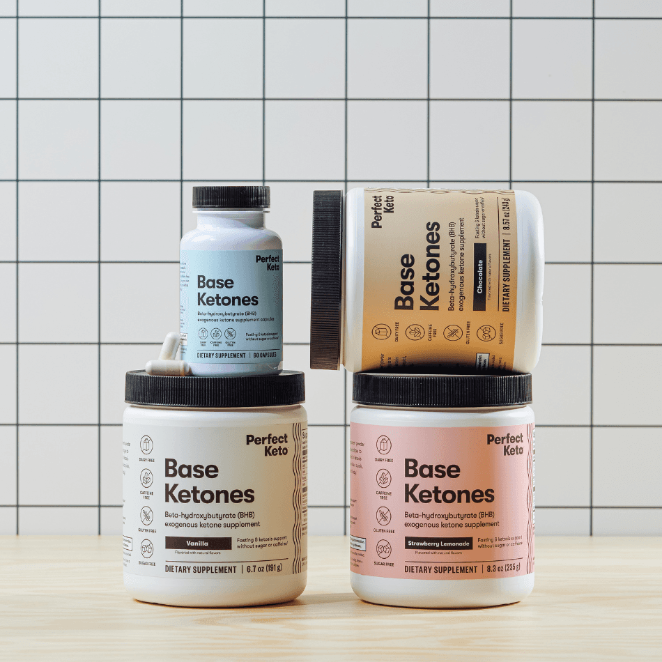 Assorted Perfect Keto Base Ketones supplements in various flavors and sizes, ideal for ketosis support and clean energy boost.