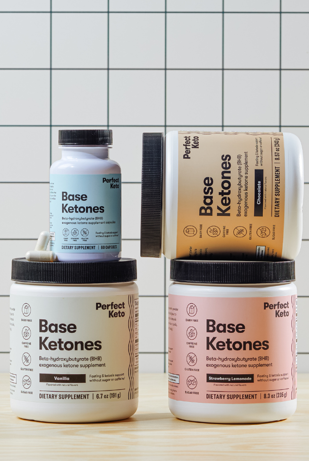 Assorted Perfect Keto Base Ketones products including capsules and powders. Supports ketosis, hydration, and mental clarity.