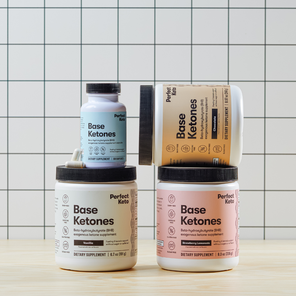 Assorted Perfect Keto Base Ketones products including capsules and powders. Supports ketosis, hydration, and mental clarity.