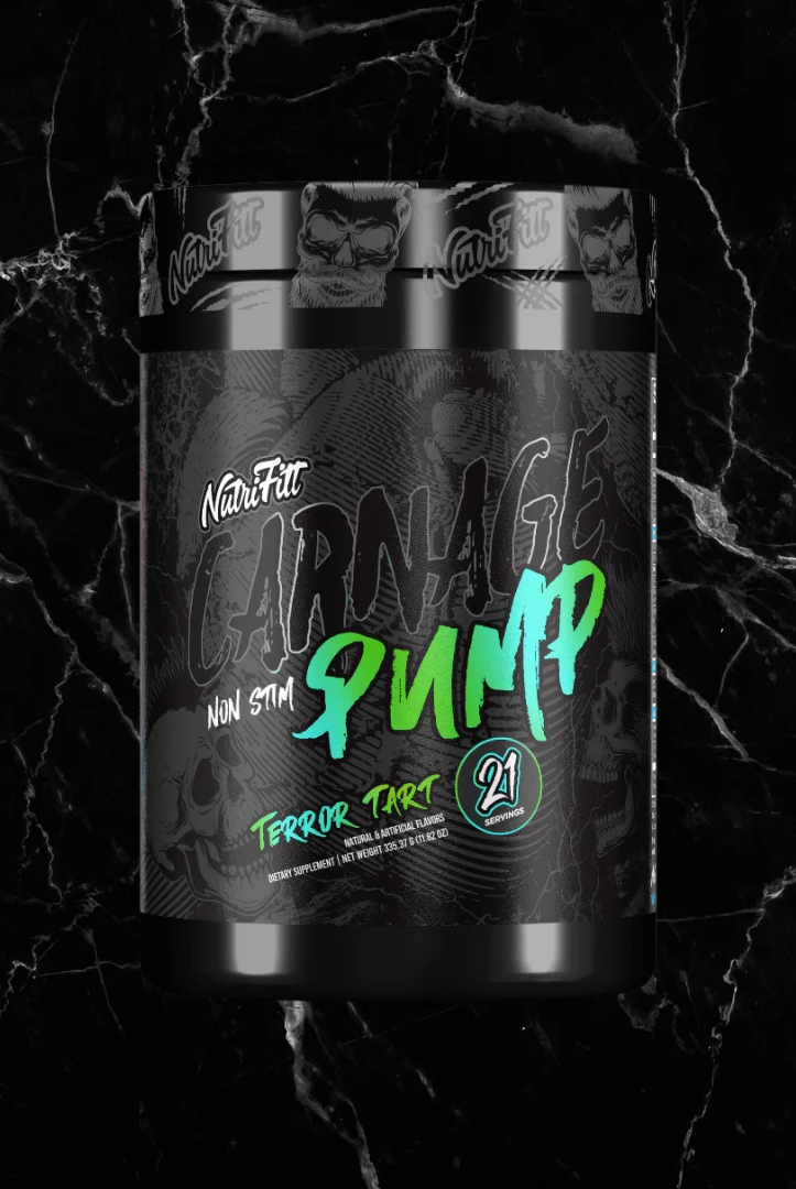 Nutrifitt Pump Carnage Non-Stim Formula in Terror Tart flavor, supports intense muscle pumps and blood flow without caffeine or stimulants.