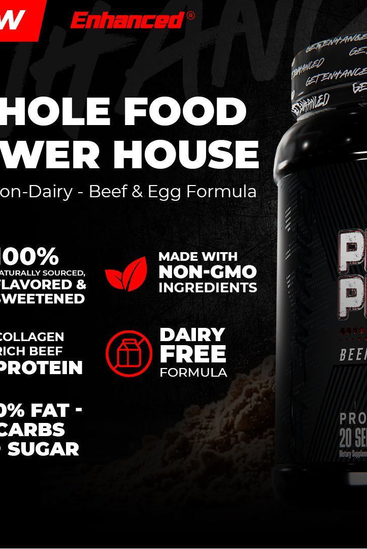 Whole food protein powder ad for Primal Protein Beef & Egg by Enhanced Labs, featuring non-dairy, collagen-rich, zero fat, carbs, and sugar formula.