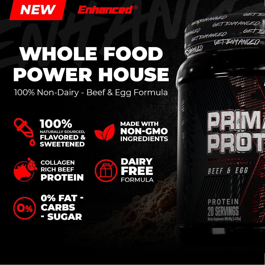 Whole food protein powder ad for Primal Protein Beef & Egg by Enhanced Labs, featuring non-dairy, collagen-rich, zero fat, carbs, and sugar formula.