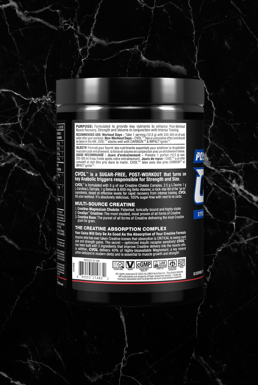 Back label of ALLMAX C:VOL Kiwi Kamikaze detailing product benefits, creatine absorption complex, and sugar-free post-workout recovery formula.