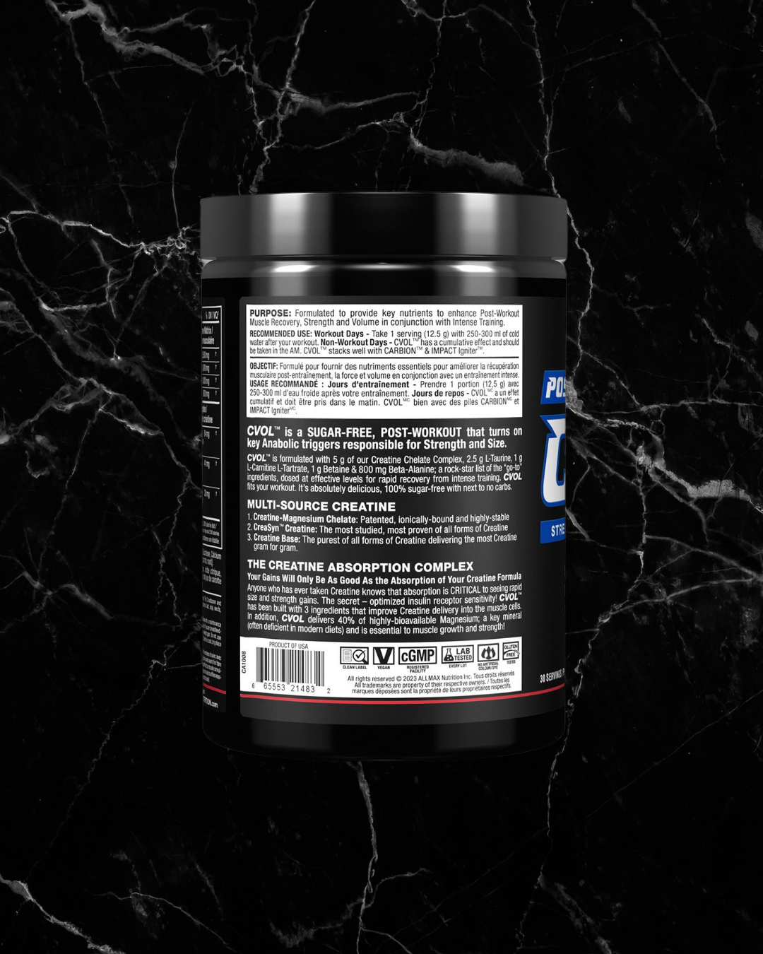 Back label of ALLMAX C:VOL Kiwi Kamikaze detailing product benefits, creatine absorption complex, and sugar-free post-workout recovery formula.
