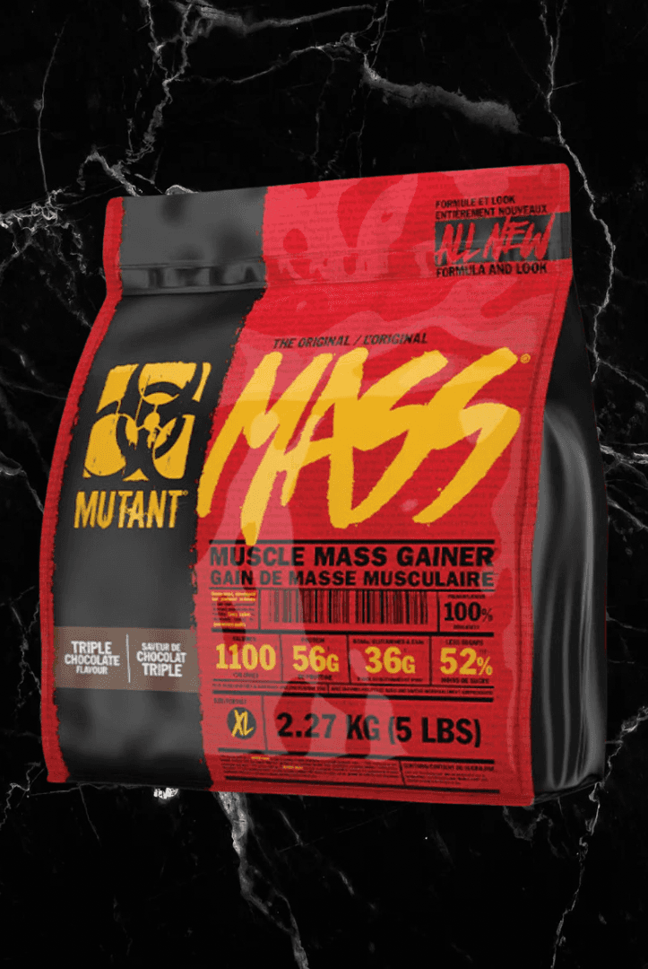 Mutant Mass Gainer Triple Chocolate flavor, 2.27kg bag with 1,100 calories, 56g protein, and 36g EAAs for muscle growth and weight gain.