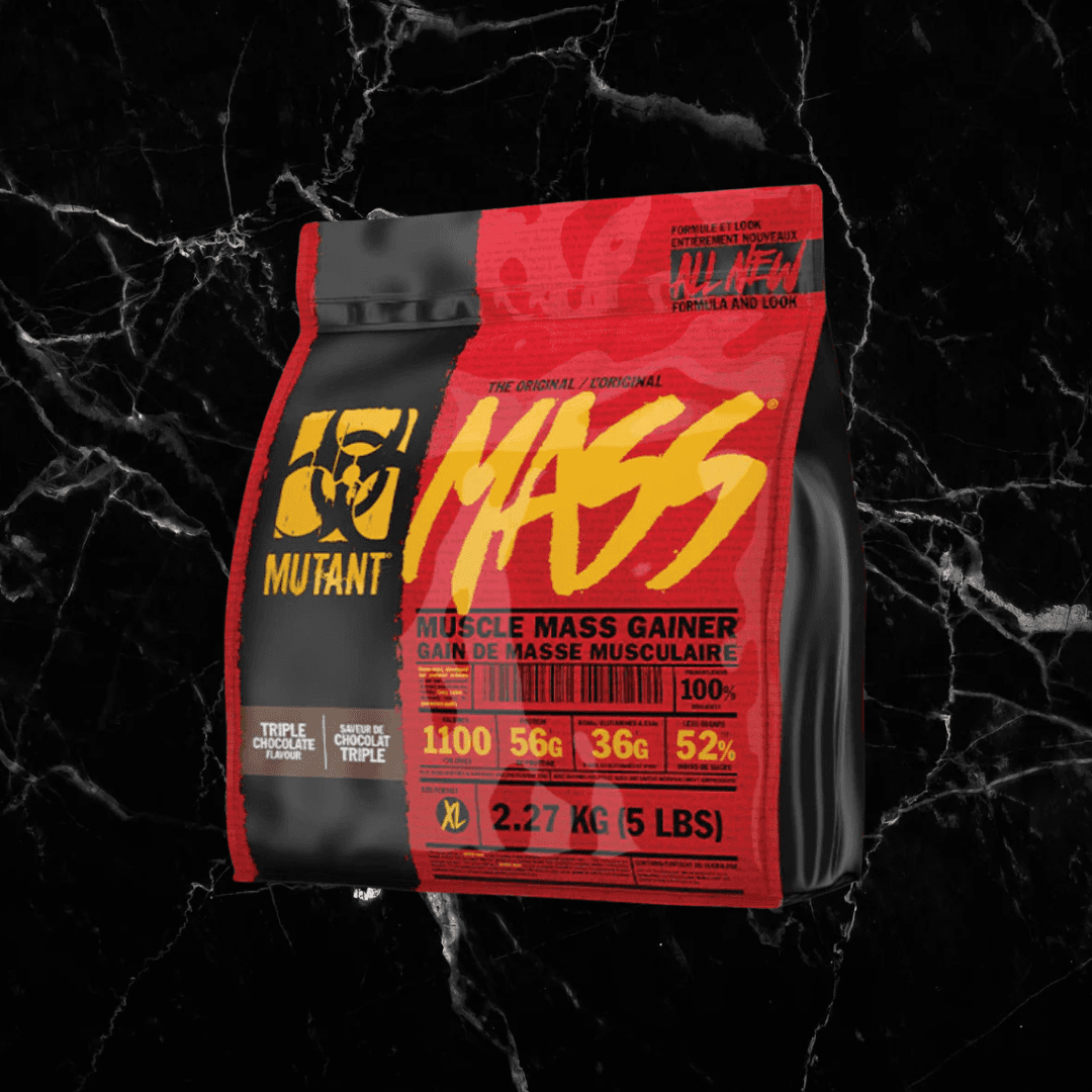 Mutant Mass Gainer Triple Chocolate flavor, 2.27kg bag with 1,100 calories, 56g protein, and 36g EAAs for muscle growth and weight gain.