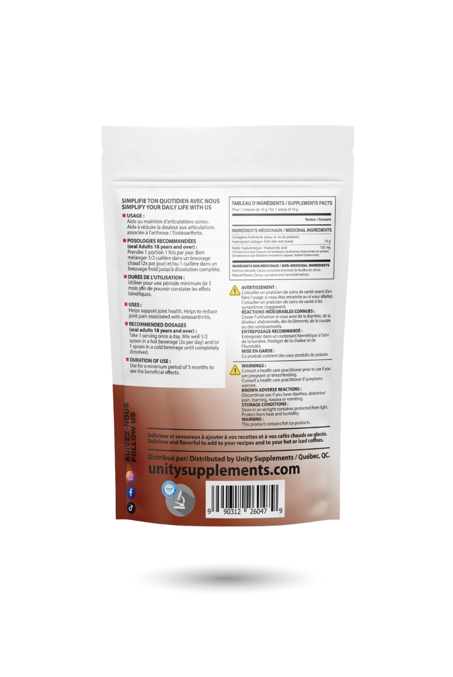 Back label of Chocolate Collagen supplement showing nutrition facts, ingredients, and usage directions. Promotes radiant skin and joint health.